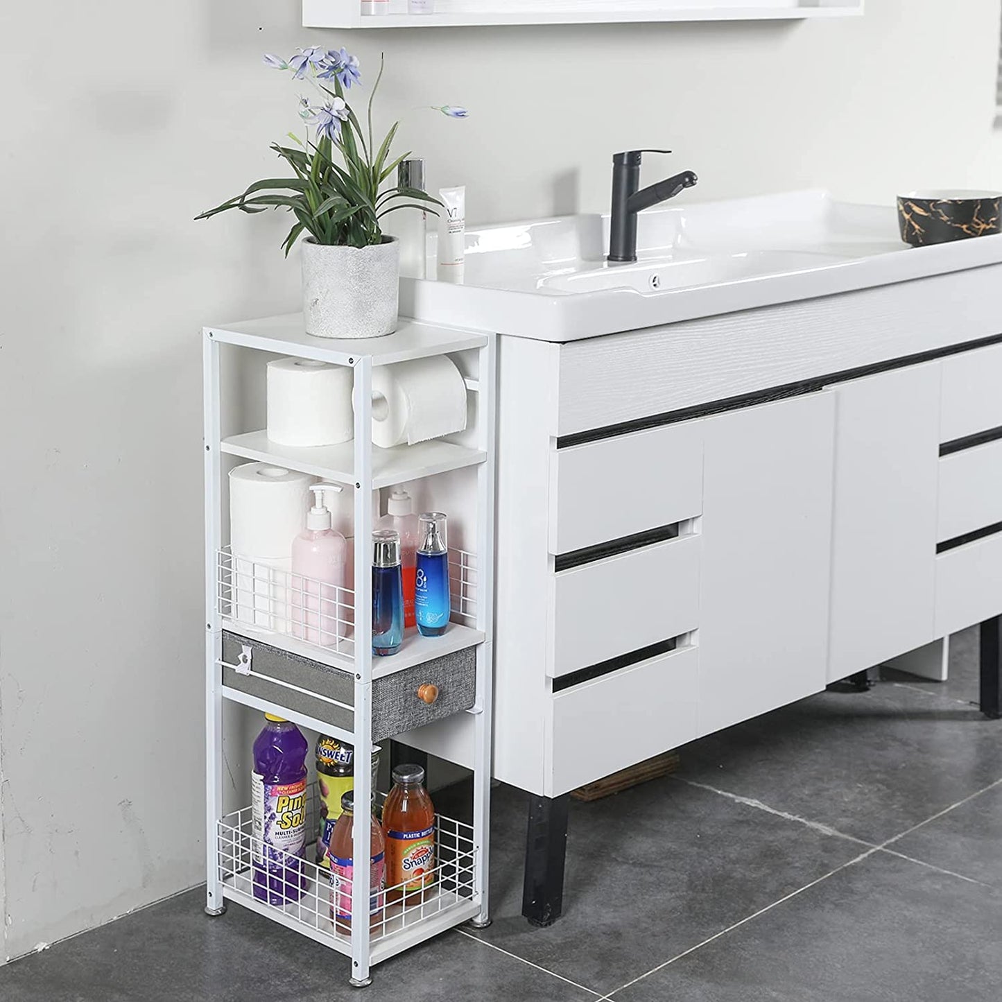 Small Bathroom Storage Cabinet with Drawer,4 Tier Design Toilet Paper Storage,Bathroom Corner Floor Cabinet,Bathroom Organizer Cabinet for Paper Shampoo White