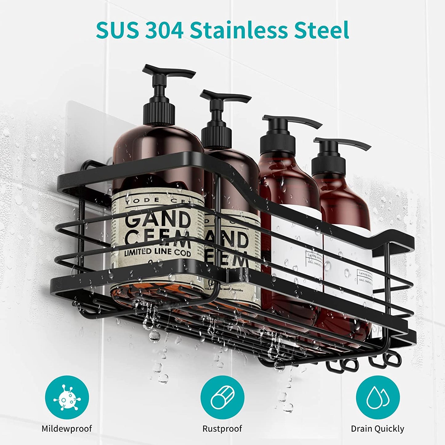Shower Caddy, 5-Pack Shower Shelf, Adhesive Shower Organizer No Drilling with Soap Holder, 7 Hooks, Rustproof Stainless Steel Shower Rack Wall Mounted Bathroom Shower Storage Shelves for Inside Shower