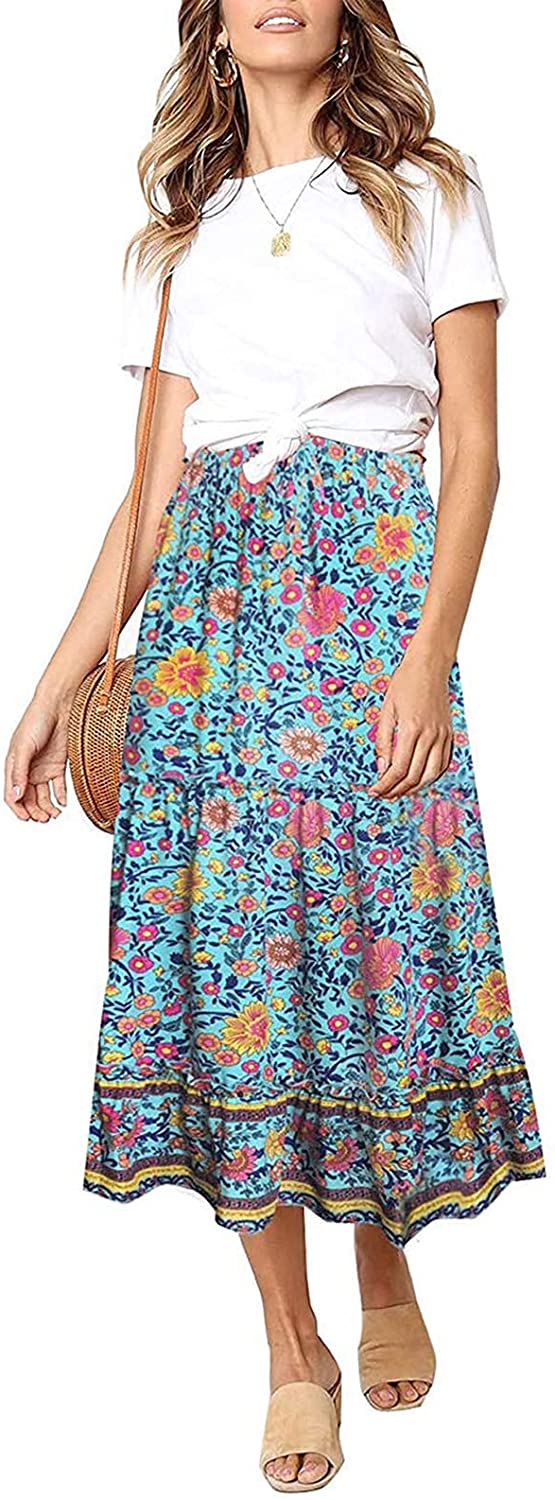 Women's Skirts Boho Floral Printed Elastic High Waist A Line Maxi Skirt with Pockets