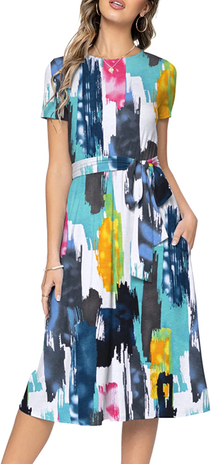 Women's Short Sleeve Striped Casual Flowy Midi Belt Dress with Pockets