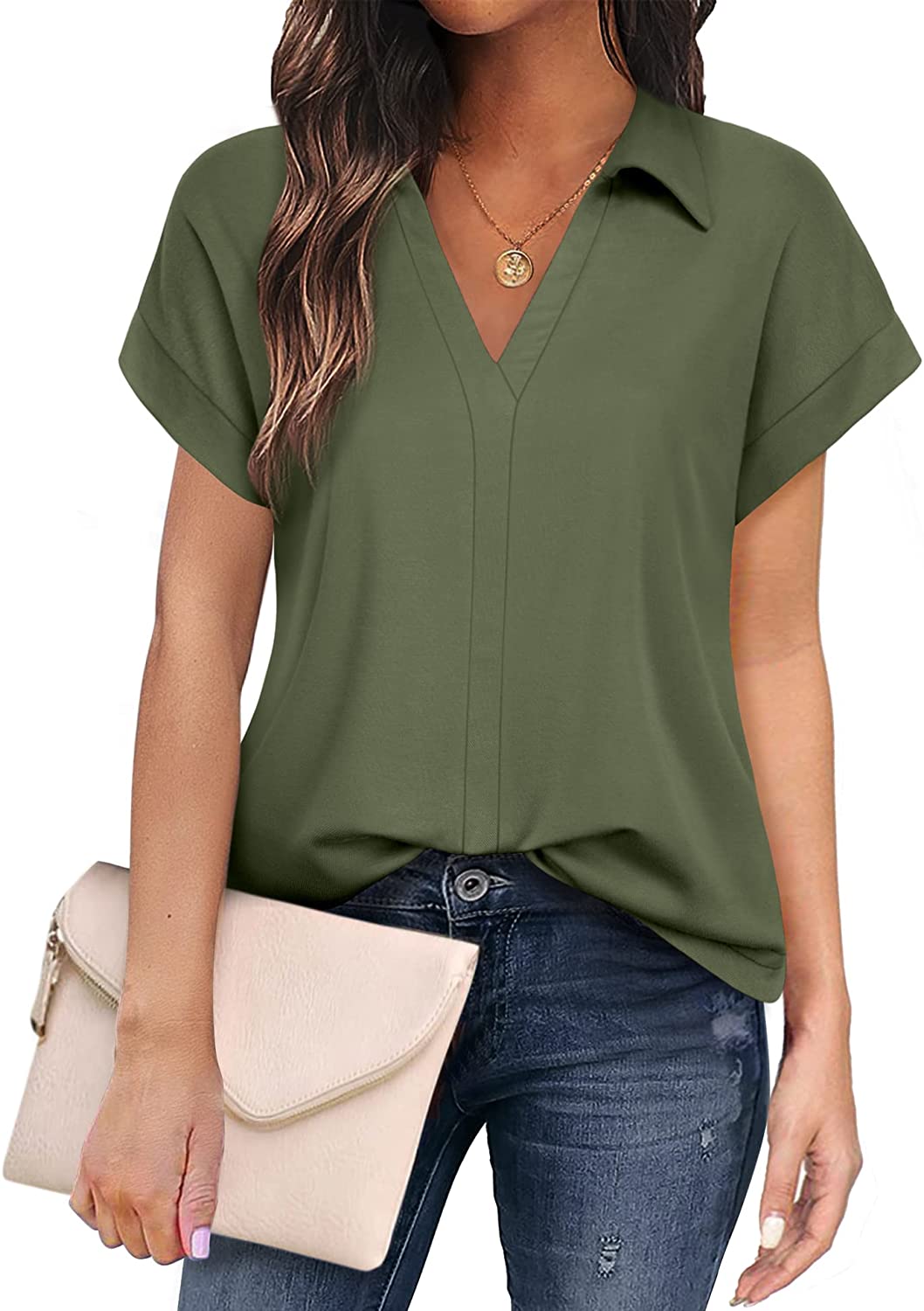Women's Short Sleeve Tops and Blouses Business Casual Collared Tunic Shirt