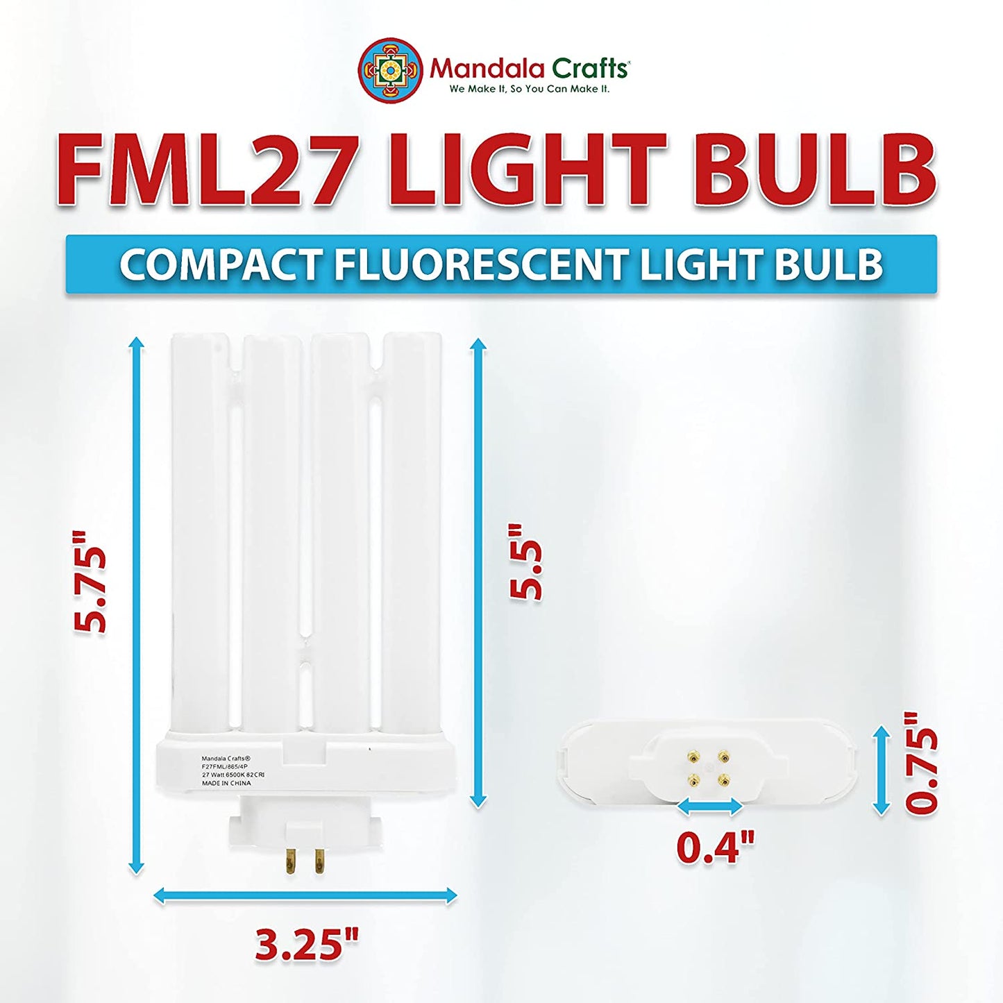 27-Watt 6500 K Compact Fluorescent Light Bulb with Quad Tubes, 4-pin, GX10q-4 Base; 2 Pack; by Mandala Crafts