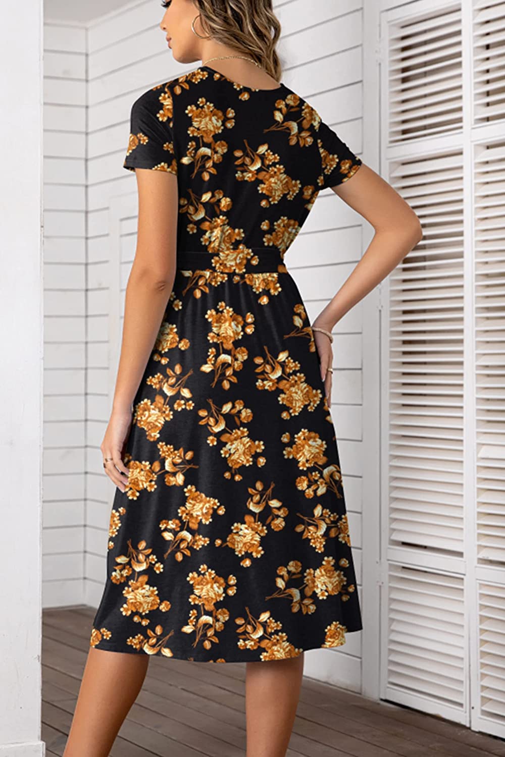 Women's Short Sleeve Striped Casual Flowy Midi Belt Dress with Pockets