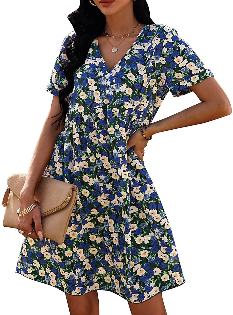 Summer Dress for Women Short Sleeve V Neck Ruffled Floral Swing A-Line Dresses