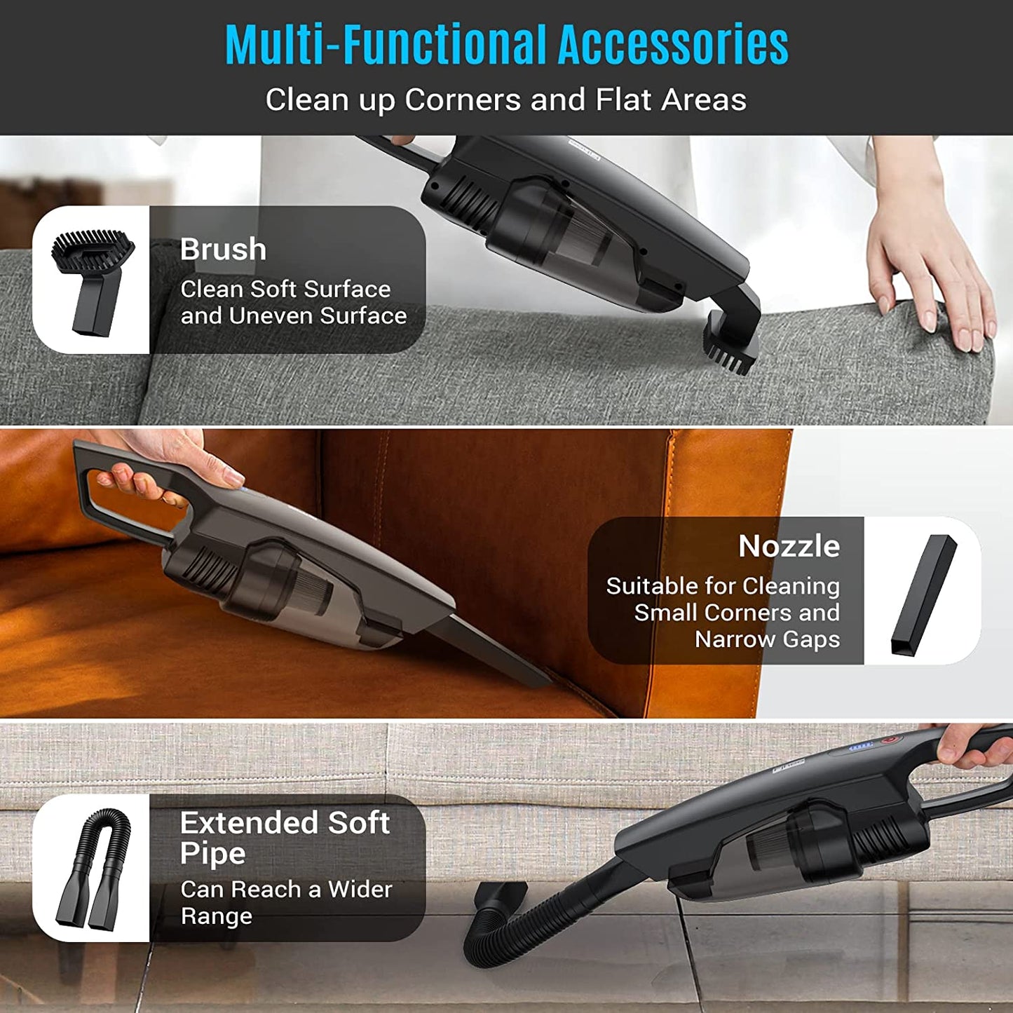Handheld Vacuum Cordless, 150W High Power Rechargeable Wireless Car Vacuum Cleaner, 9500Pa Strong Suction w/4 Attachments for Home Office Car Pets Hair Cleaning(w/Storage Bag)