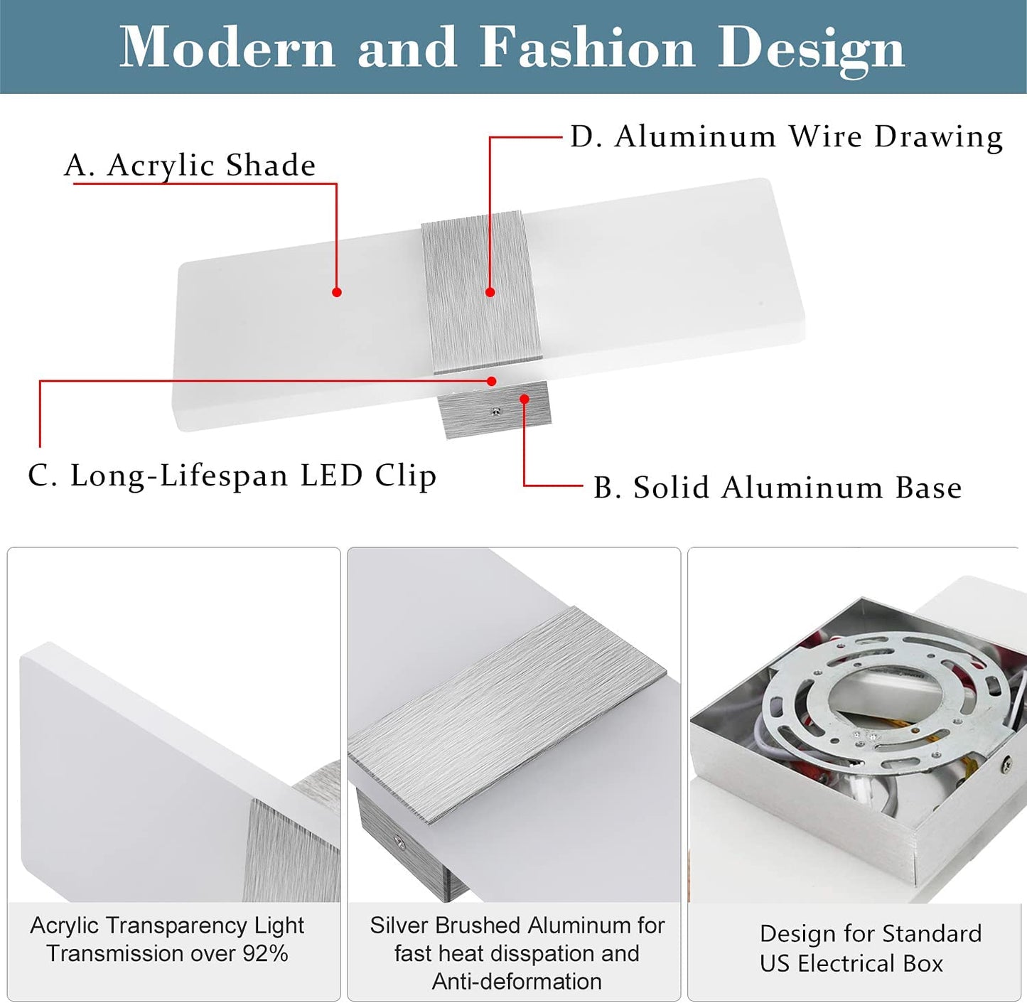 Lightess Modern Wall Sconce Dimmable 12W, Up Down Wall Lights Acrylic LED Wall Lamp for Hallway Bedroom Corridor, Cool White, HS521-1