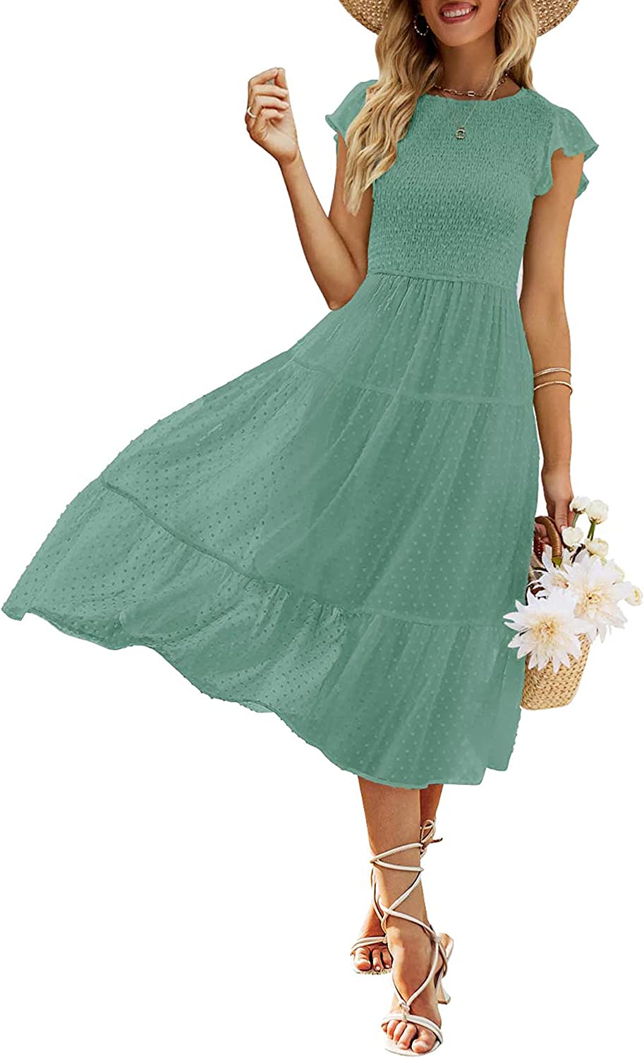 Women's Summer Flutter Short Sleeve Smocked Midi Dress Swiss Dot Flowy Tiered Dresses