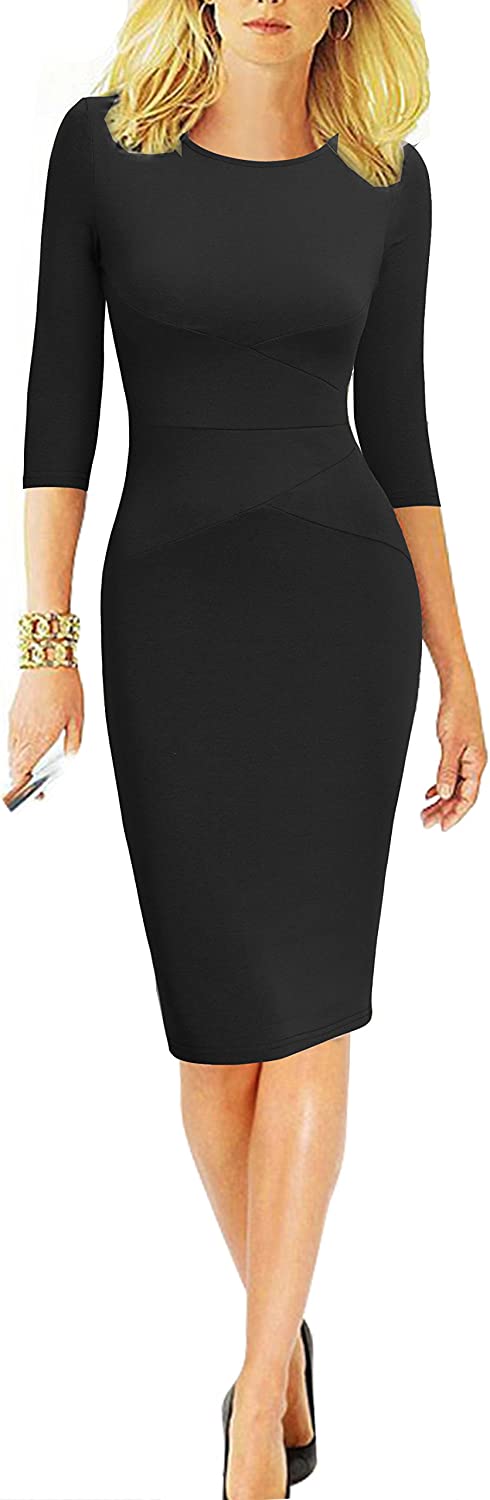 Women 3/4 Sleeve Striped Wear to Work Business Cocktail Pencil Dress