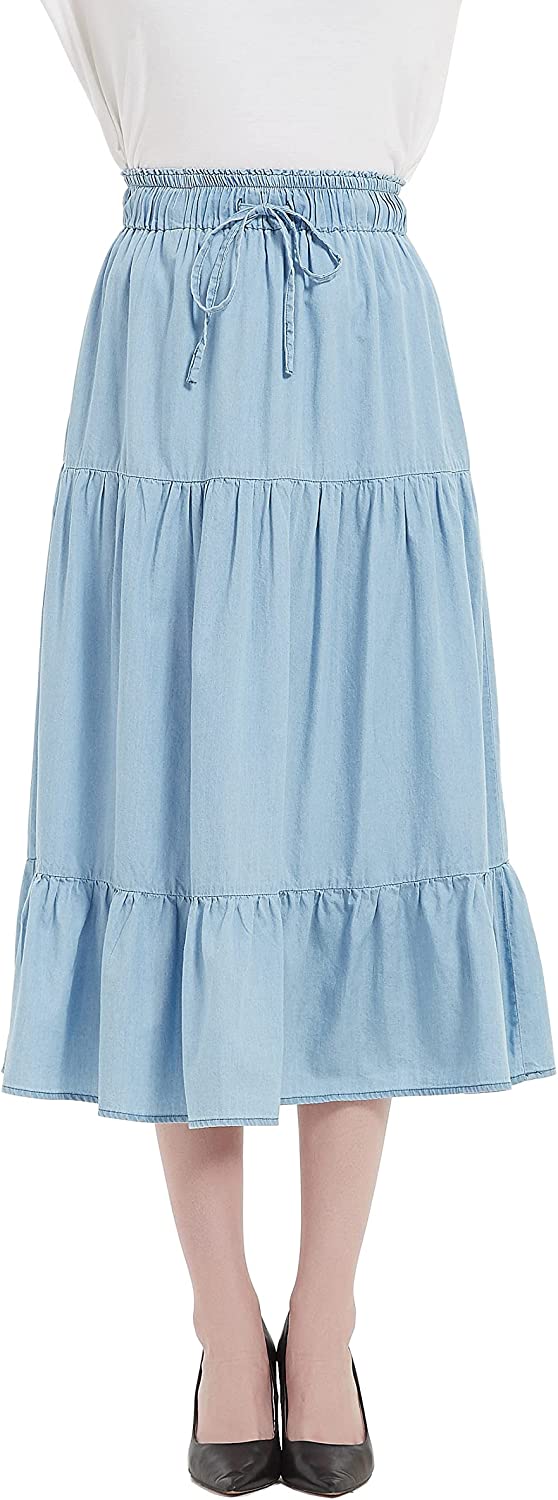 Womens A Line Long Midi Denim Skirt Tired Pleated Layers Elastic Waist Front Drawstring