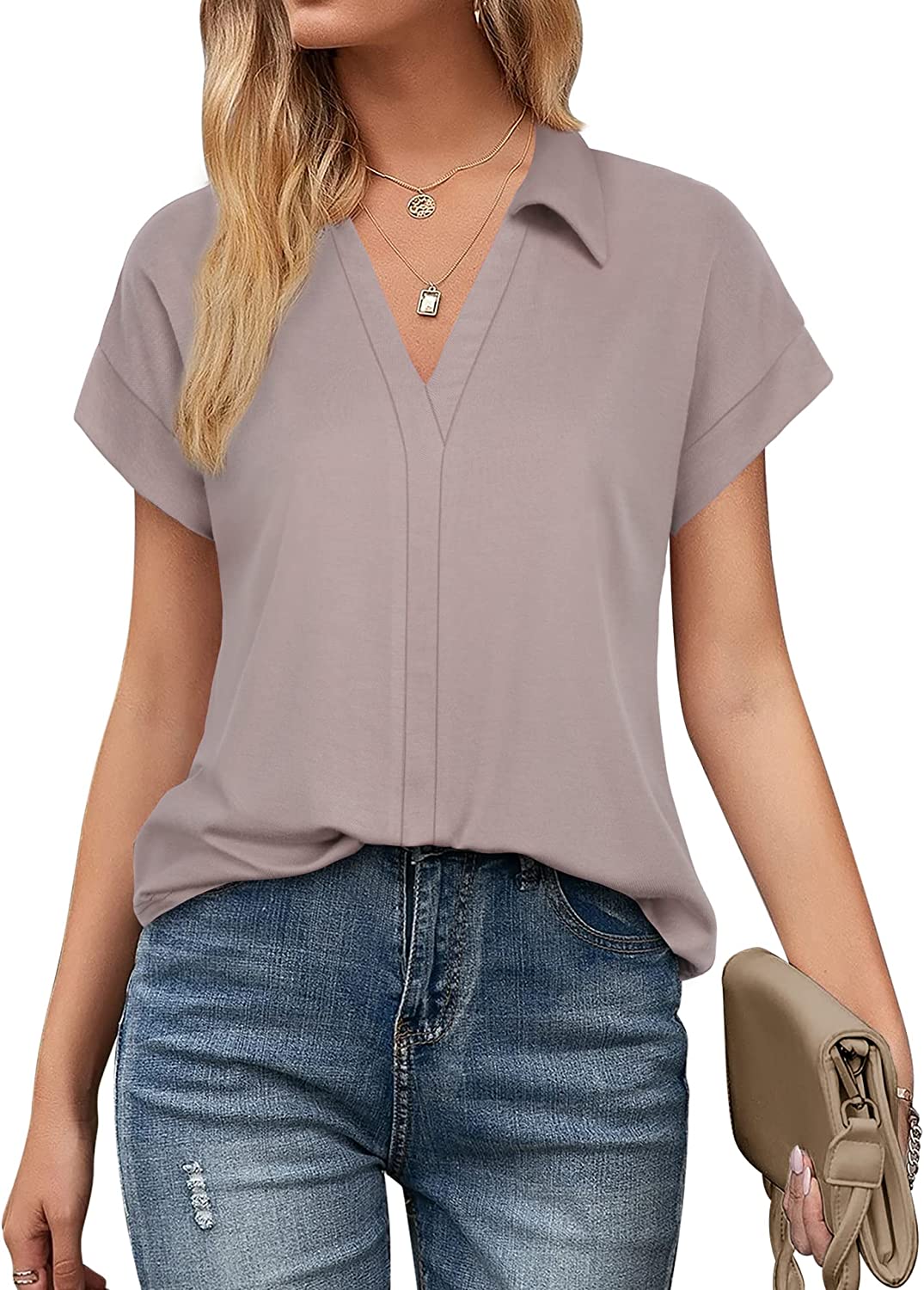 Women's Short Sleeve Tops and Blouses Business Casual Collared Tunic Shirt