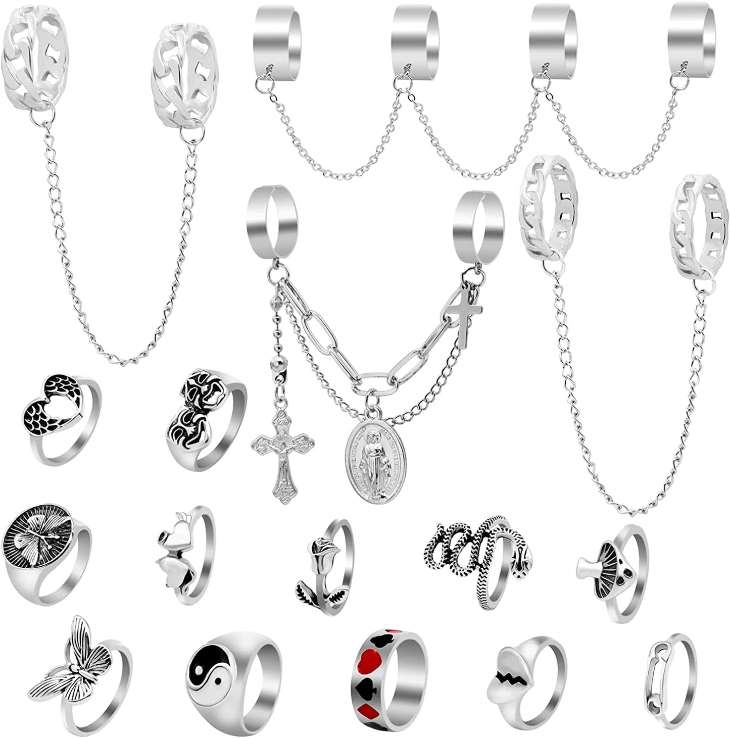 Gothic Punk Chain Finger Rings Set, 17PCS Adjustable Stackable Vintage Silver Emo Rings for Women Men Girls ,Smiley Cross Butterfly Knuckle Rings