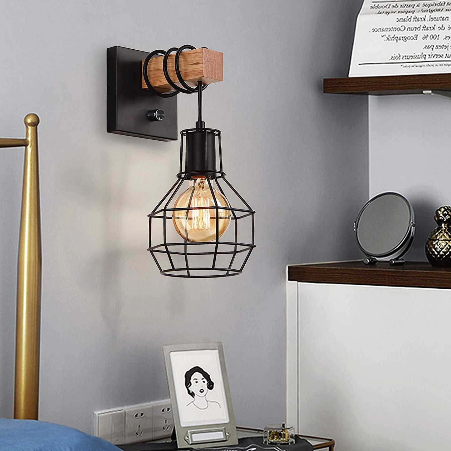 Lightess Black Wall Sconces with Dimmer ON/Off Switch, Vintage Cage Wall Mount Light Fixture Industrial Farmhouse Lighting for Living Room Kitchen, C71Y215