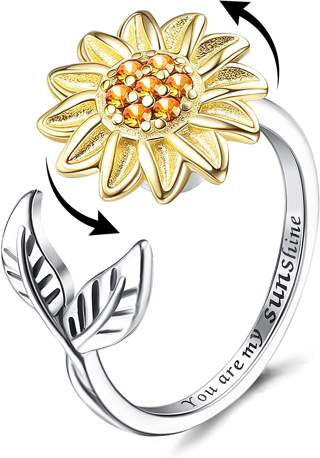 Jewenova Sterling Silver Fidget Ring for Women Sunflower Spinner Ring You are My Sunshine Ring Open Adjustable Ring CZ Ring Heart Star Daisy Stress Relieving Ring Christmas Jewelry Gift Women Girl