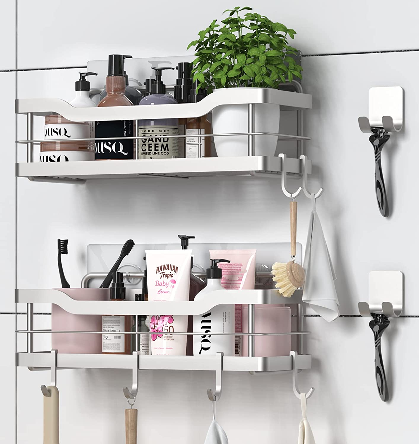 Carwiner Shower Caddy Bathroom Shelf 2-Pack, Basket with 8 Hooks for Hanging Shampoo Conditioner, SUS304 Stainless Steel Rack Wall Mounted Storage Organizer for Kitchen, No Drilling (Black)