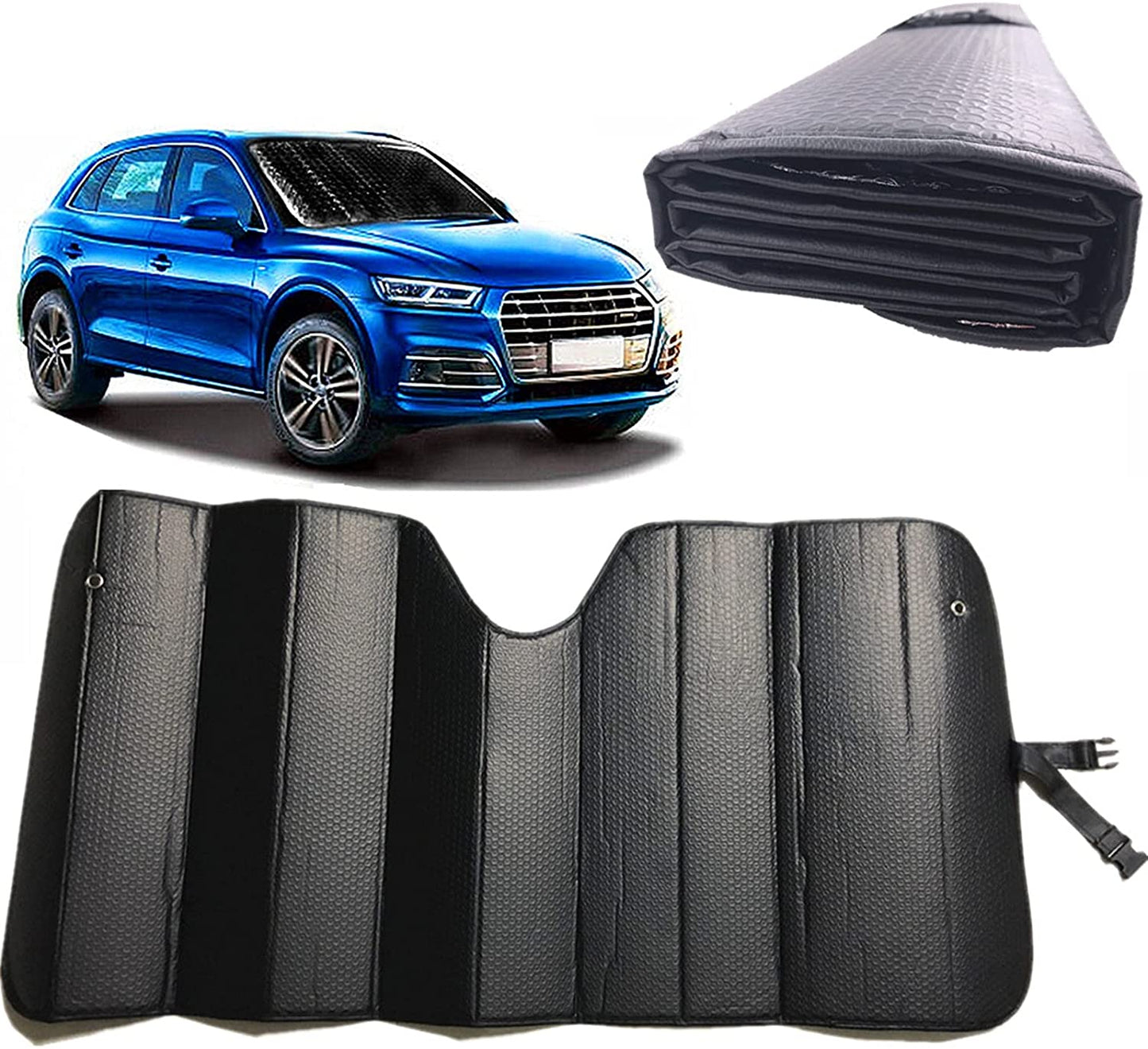 Car Windshield Sunshade-Thicken 5-Layer Bubble Block Heat and Sun UV Rays,Front Windshield Sun Shade,Sun Visor for Car- Keeps Your Vehicle Cool - 58 x 27.5 Inch (Blue)