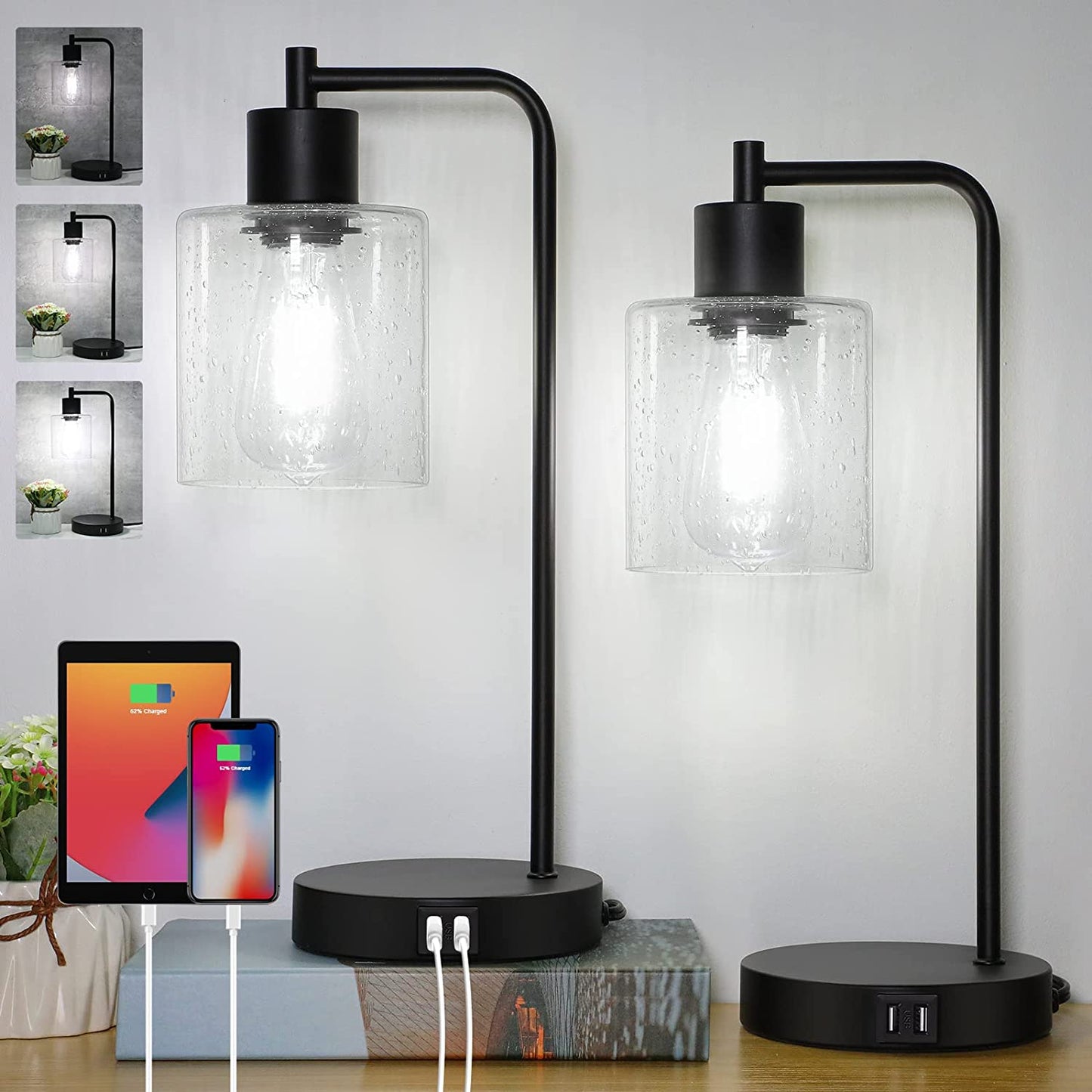Vintage Touch Control Industrial Table Lamps Set of 2 with Seeded Glass, Bedside Nightstand Lamps 3-Way Dimmable Desk Lamp for Bedroom Reading, Living Room