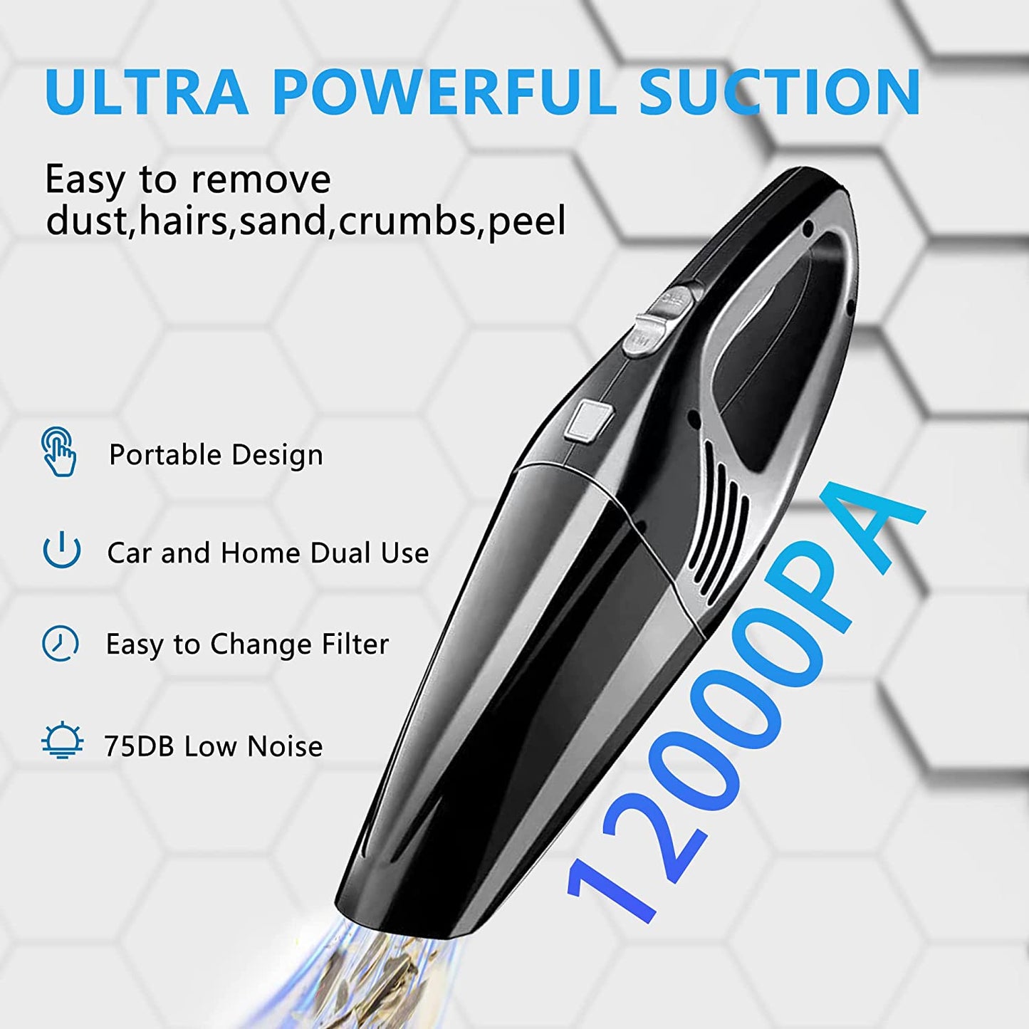 12KPa Portable Car Vacuum Cleaner High Power Wet Dry Handheld Mini Car Detailing Vacuum Cleaner for Car Carpet Seats Water Pet Dog Hair with 2 HEPA Storage Bag 16.4ft Corded Aspiradora para Carro