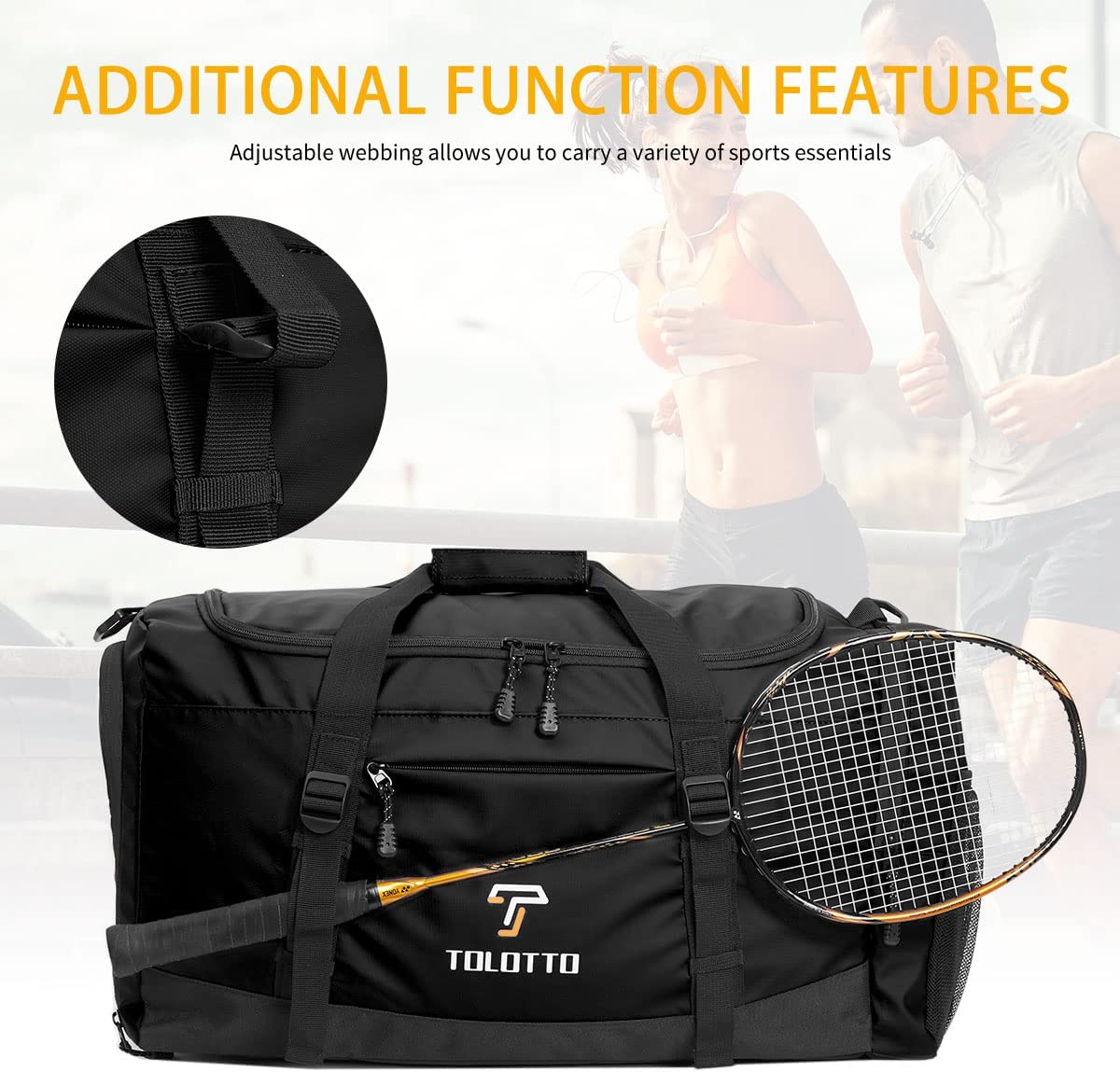 Sport Gym Bag for Men, Tolotto Travel Duffel Bag with Wet Pocket & Shoes Compartment for Men/Women - Carry on Shoulder Weekender Bag, Lightweight & Waterproof (Black)