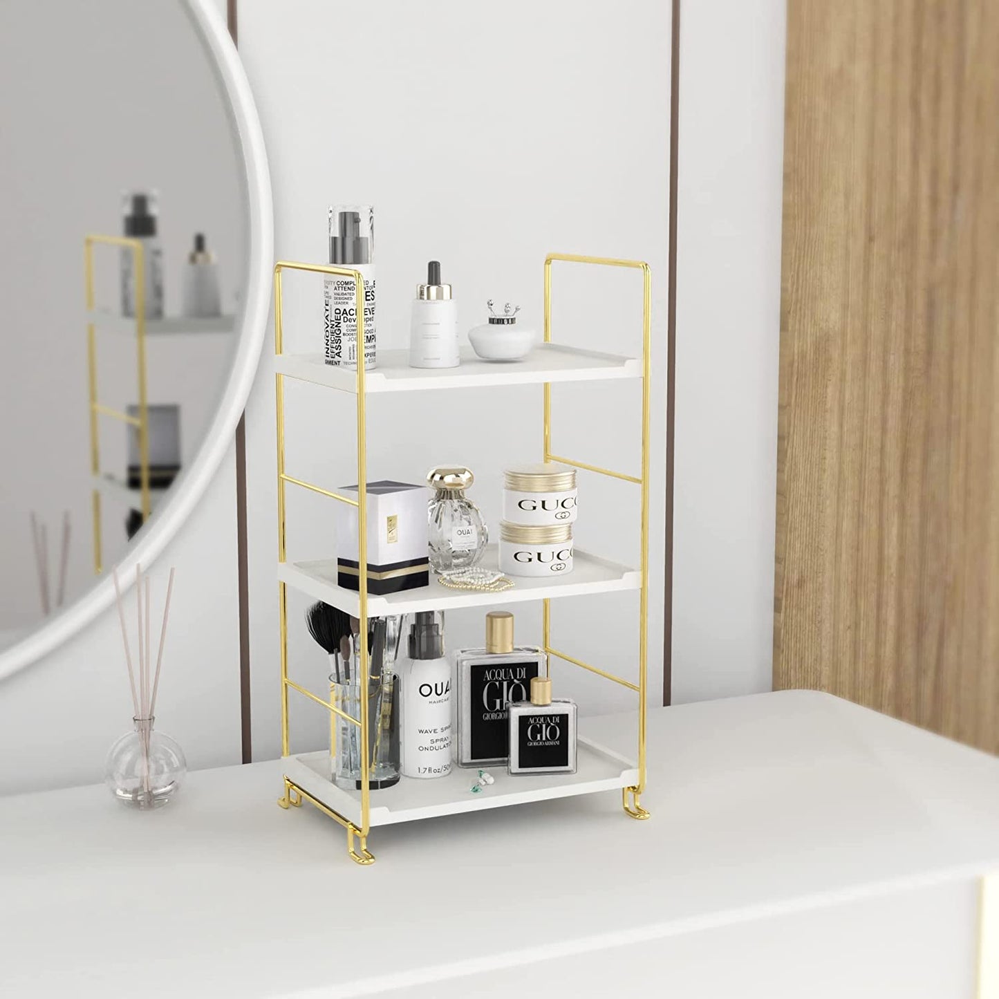 3-Tier Bathroom Organizer Countertop,Bathroom Makeup Organizer White Vanity Tray or Kitchen Spice Rack Perfume Organizer Cosmetic Display Cases (Gold)