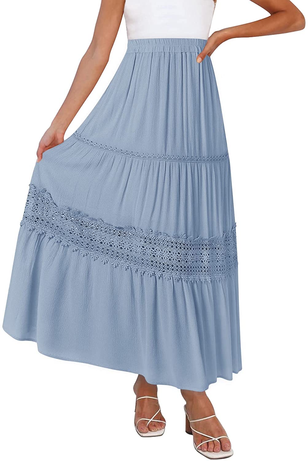 Women's Boho Elastic High Waist Pleated A-line Ruffle Lace Trim Tiered Midi Maxi Skirt with Pockets