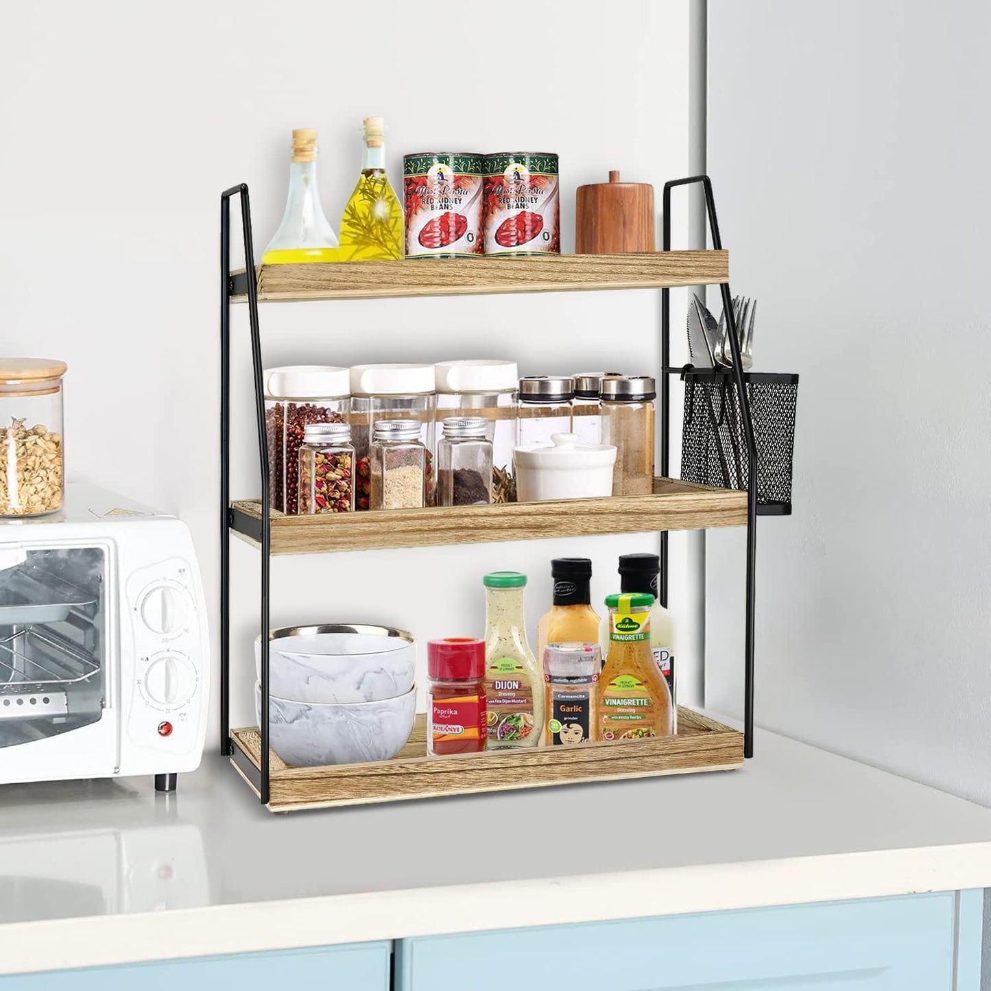 3-Tier Bathroom Counter Organizer, Wood Bathroom Countertop Vanity Organizer Bathroom Trays for Counter, Skincare Organizer Makeup Cosmetic Holder Standing Storage Shelf, Kitchen Spice Rack, Brown