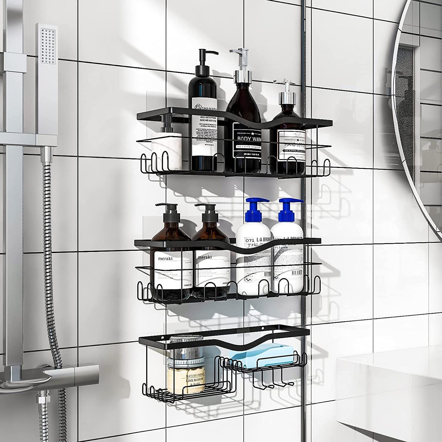 3 Pack Shower Caddy Organizer, Adhesive Shower Shelf for Inside Shower,Stainless Steel Bathroom Organizer Shelf Shower Basket Storage Shower Rack, Shower Wall Caddy with 4 Removable Hooks Metal Black