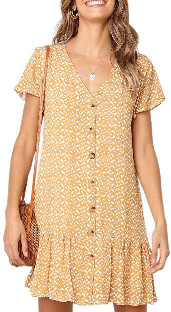 Womens Polka Dot V Neck Button Down Ruffles Loose Mini Short T-Shirt Dress