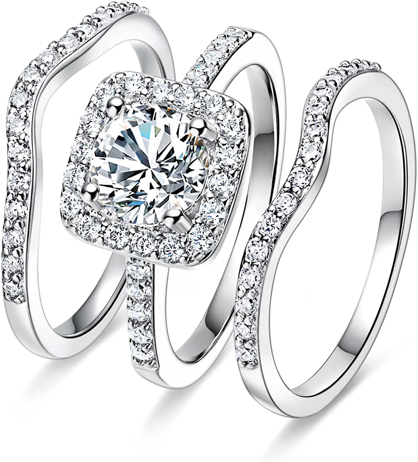 18K White Gold Plated Cubic Zirconia Three-in-One Halo Wedding Engagement Promise Eternity Ring for Women