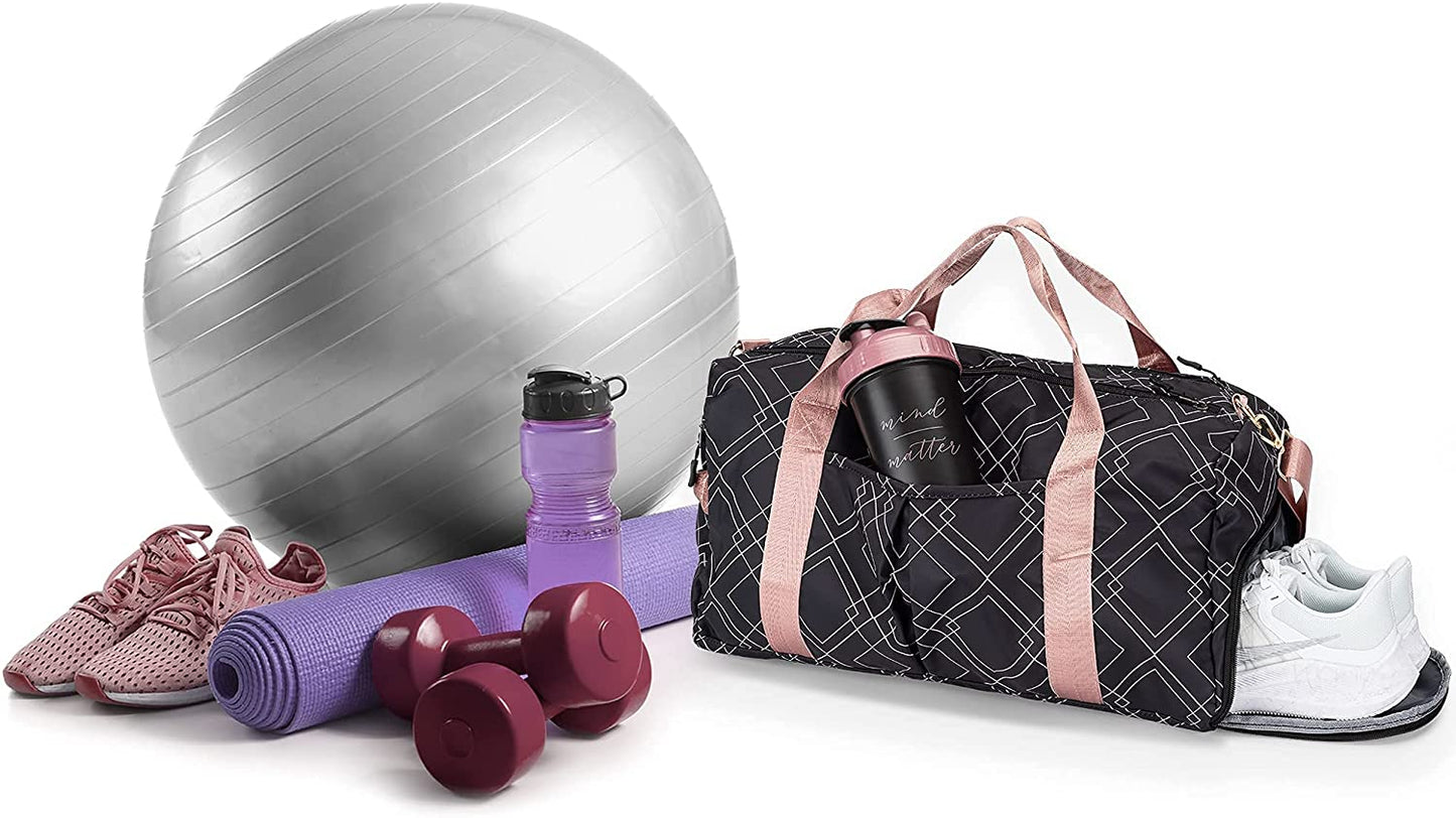 Bag for Women with Shoe Compartment and Wet Pocket | Lightweight Gym Duffle with Motivational Quote and Graphic Designs | Great for Working Out, Travel, and Overnights | Black/Rose - Diamond