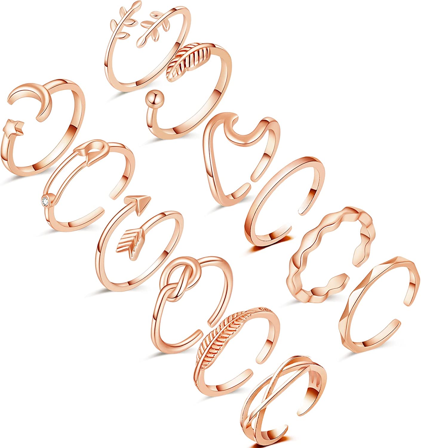 Honsny 12PCS Adjustable Knuckle Rings for Women, 14K Simple Gold Stacking Rings Pack, Open Knot Wave Star Moon Dainty Thumb Ring, Cute Silver Rings Set for Teen Girls