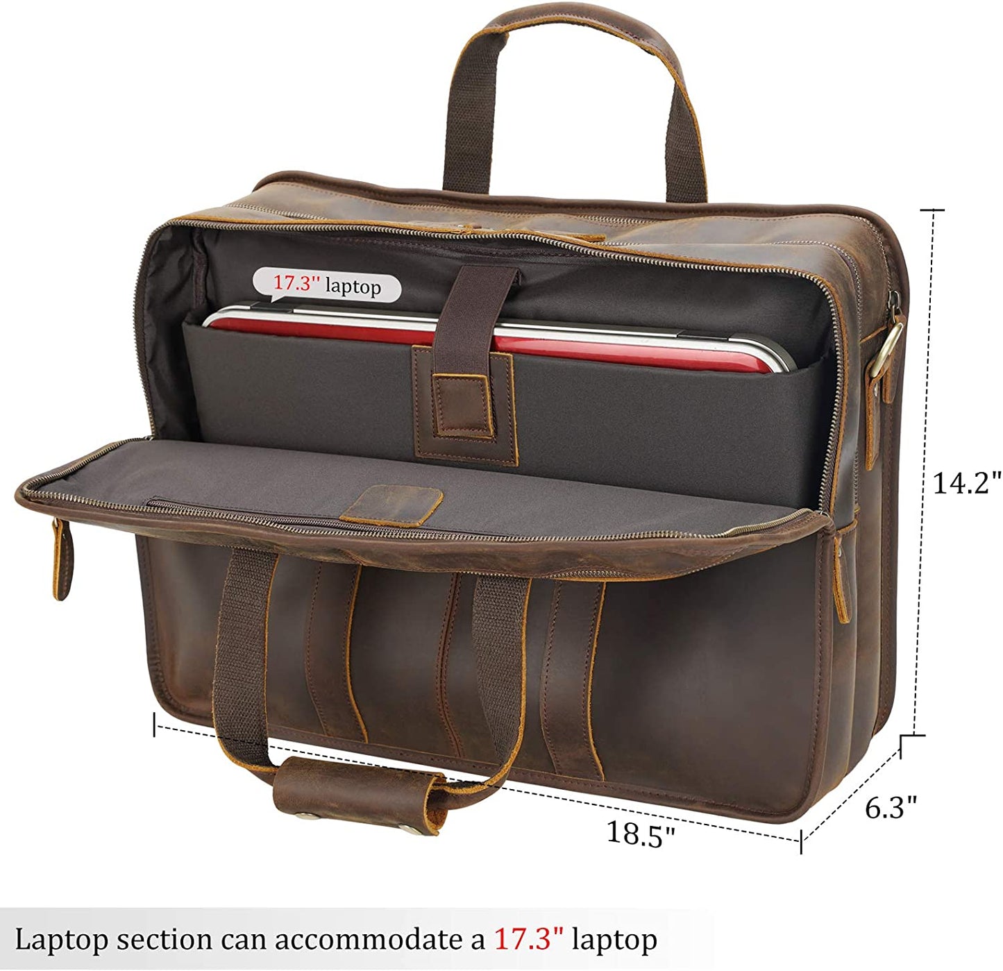 Polare 18.5” Full Grain Leather Laptop Briefcase Messenger Bag Tote For Men Large Fits 17.3” Laptop