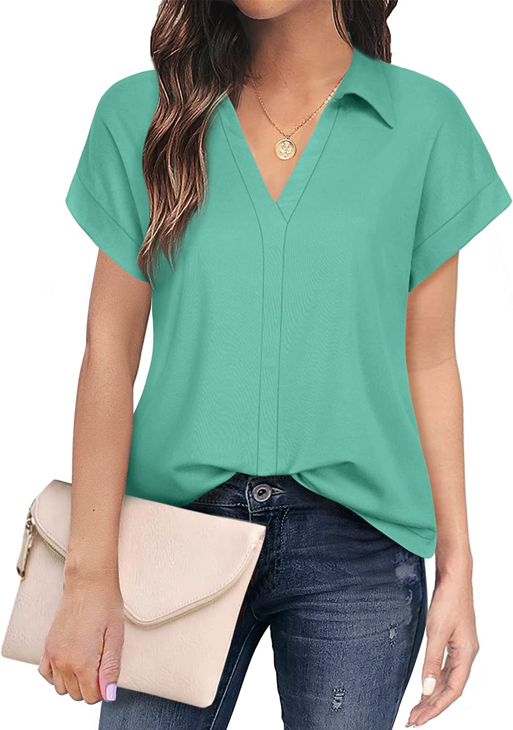 Women's Short Sleeve Tops and Blouses Business Casual Collared Tunic Shirt