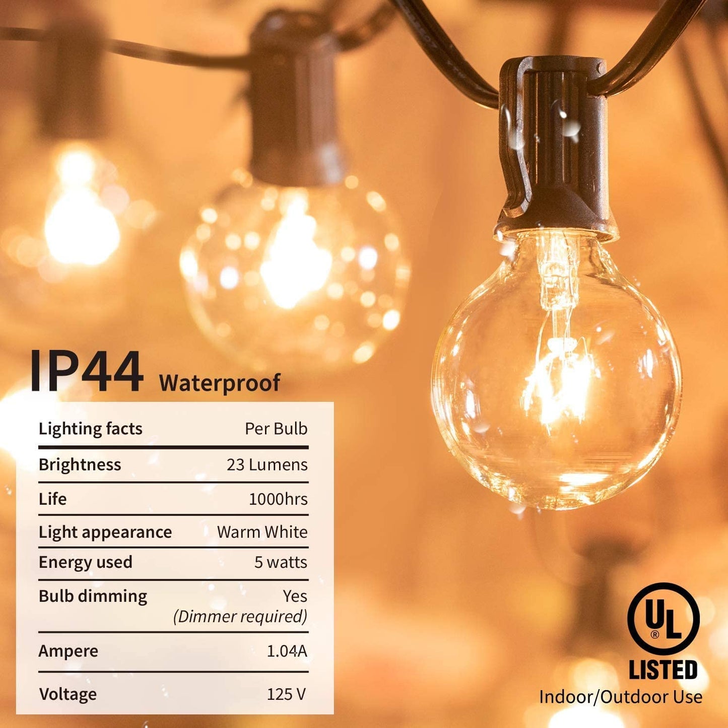 Outdoor String Lights 25 Feet G40 Globe Patio Lights with 27 Edison Glass Bulbs(2 Spare), Waterproof Connectable Hanging Light for Backyard Porch Balcony Party Decor, E12 Socket Base,Black