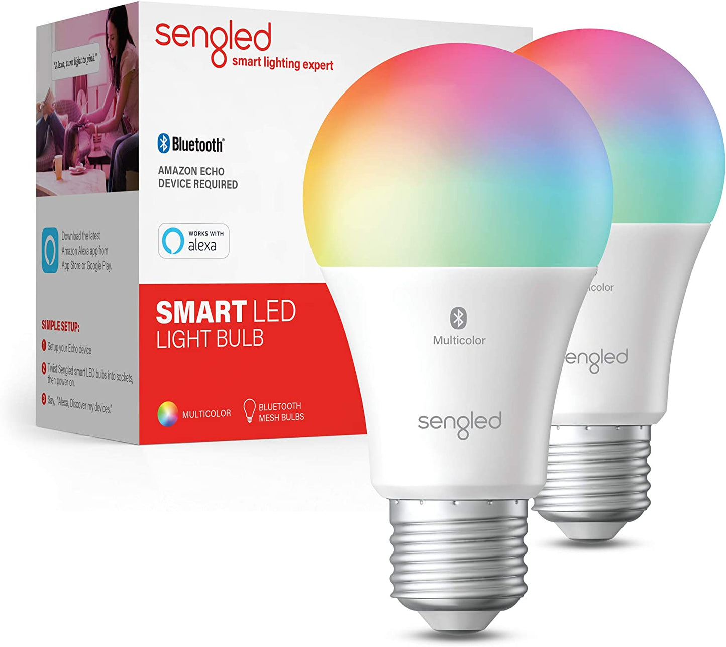 Sengled Smart Light Bulbs, Color Changing Alexa Light Bulb Bluetooth Mesh, Smart Bulbs That Work with Alexa Only, Dimmable LED Bulb A19 E26 Multicolor, High CRI, High Brightness, 8.7W 800LM, 1Pack