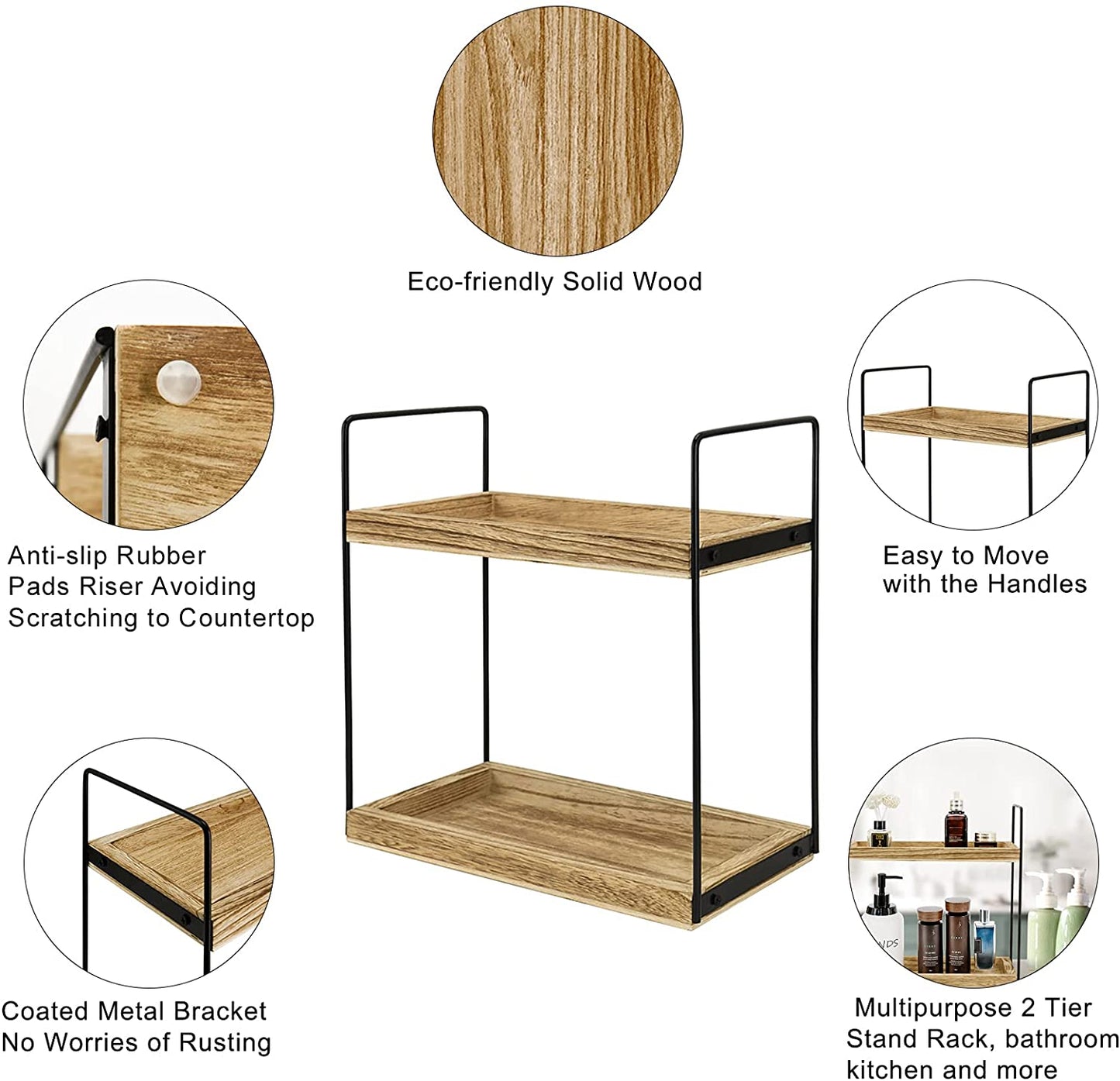 2 Tier Bathroom Countertop Organizer, Counter Standing Rack Cosmetic Holder, Countertop Storage Shelf Cosmetic Organizer Holder, Detachable Kitchen Spice Rack Wire Basket Storage Counter Shelf…