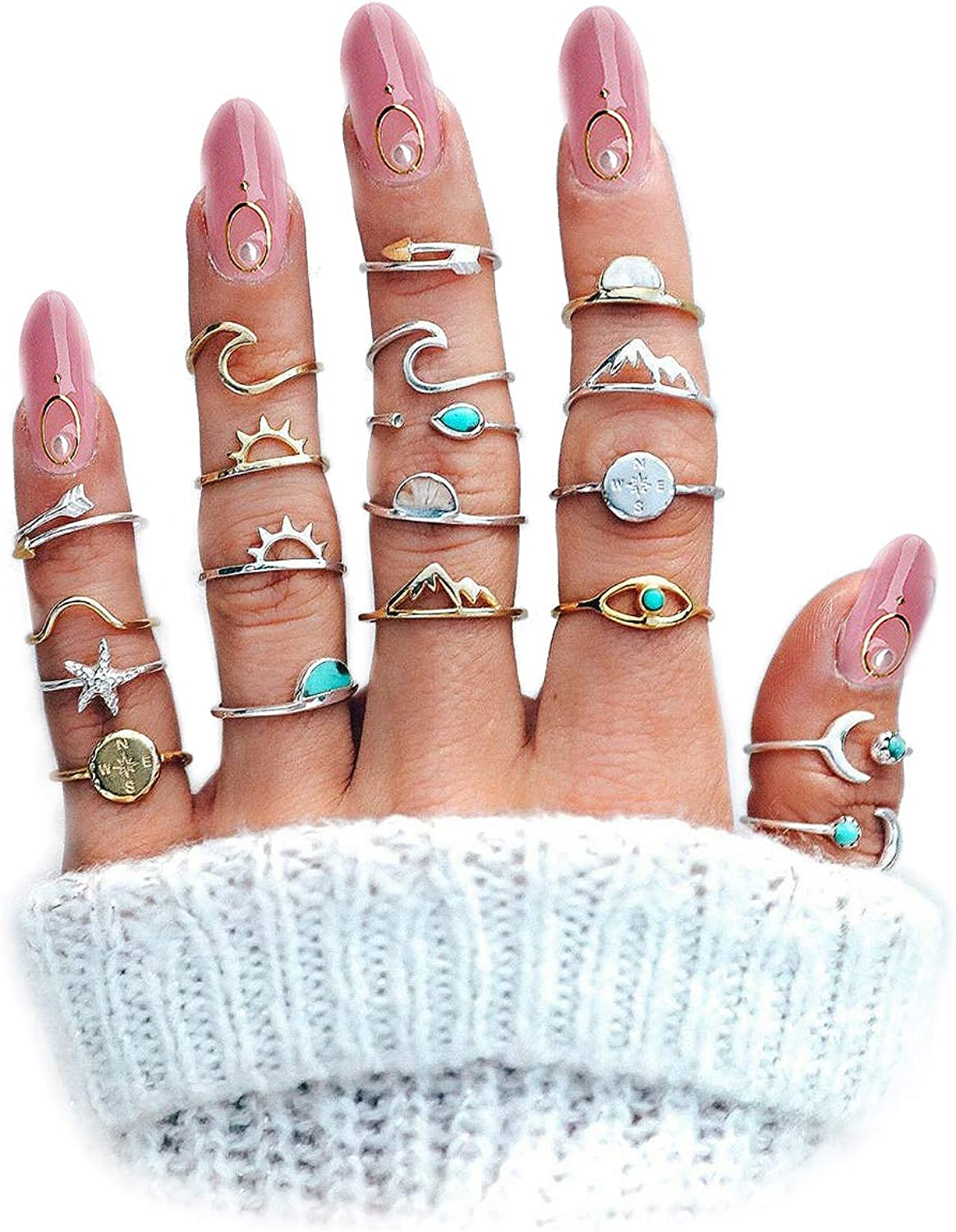 Boho Retro Stackable Rings Sets for Teens Girls Women,Peak Sea Wave Compass Turquoise Rhinestone Knuckle Joint Finger Kunckle Nail Ring Sets