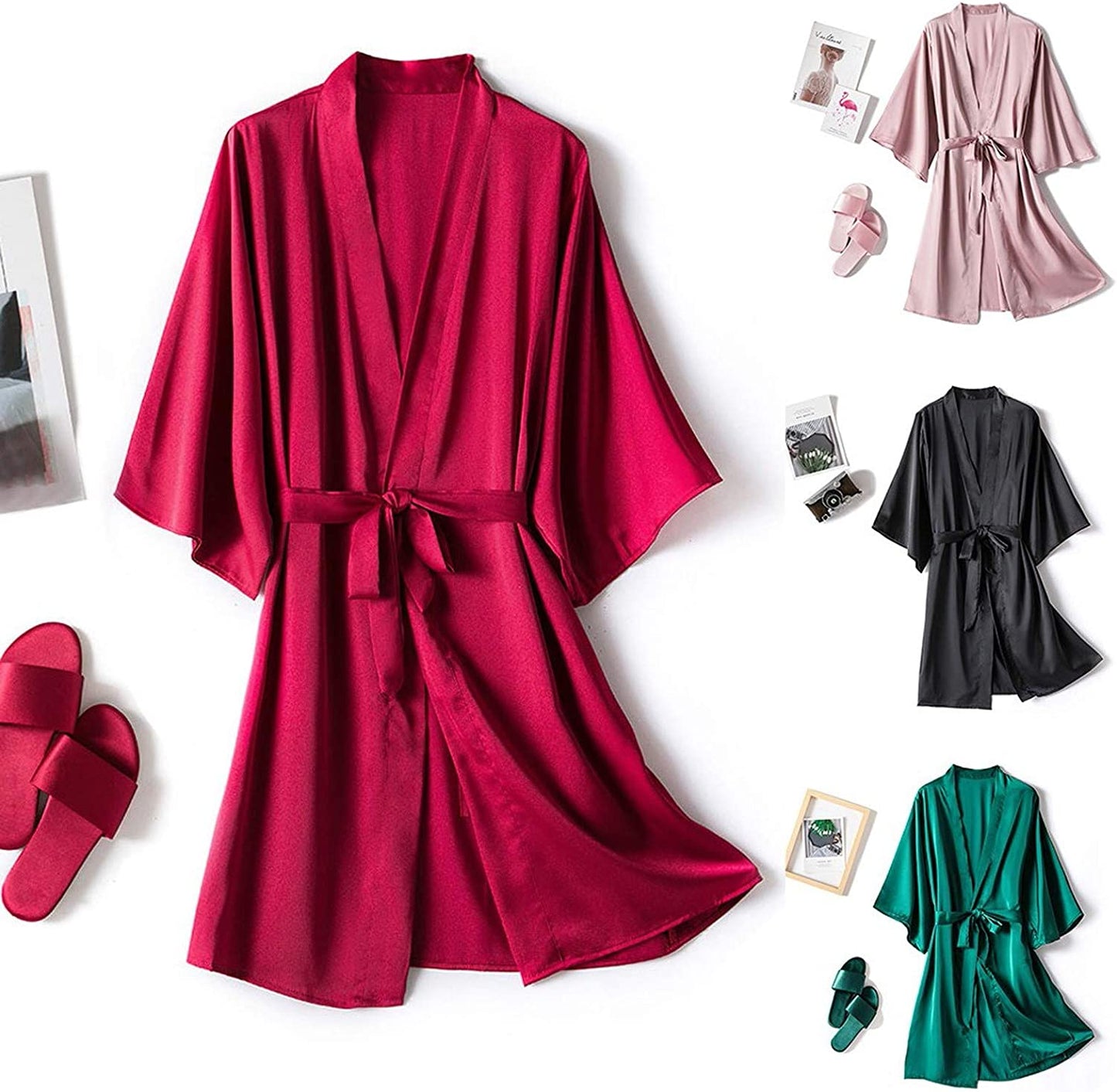 Womens Satin Kimono Robes Silk Short Bridesmaid Robe Lingerie Dressing Gown Bathrobe Nightgown Sleepwear