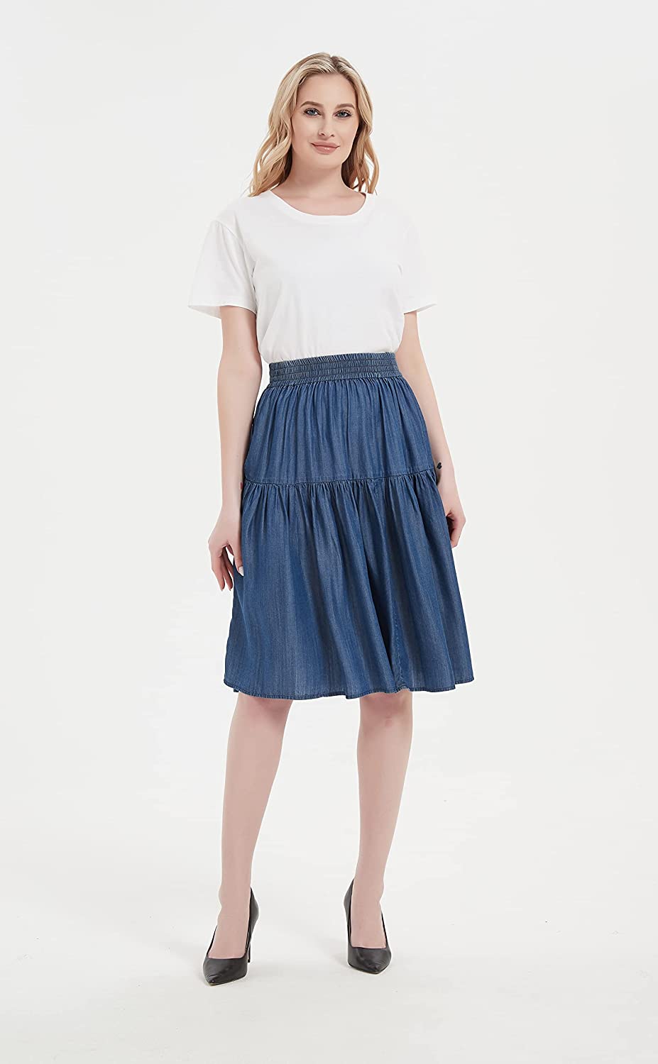 Womens A Line Lightweight Tencel Denim Tiered Short Skirt Knee Length