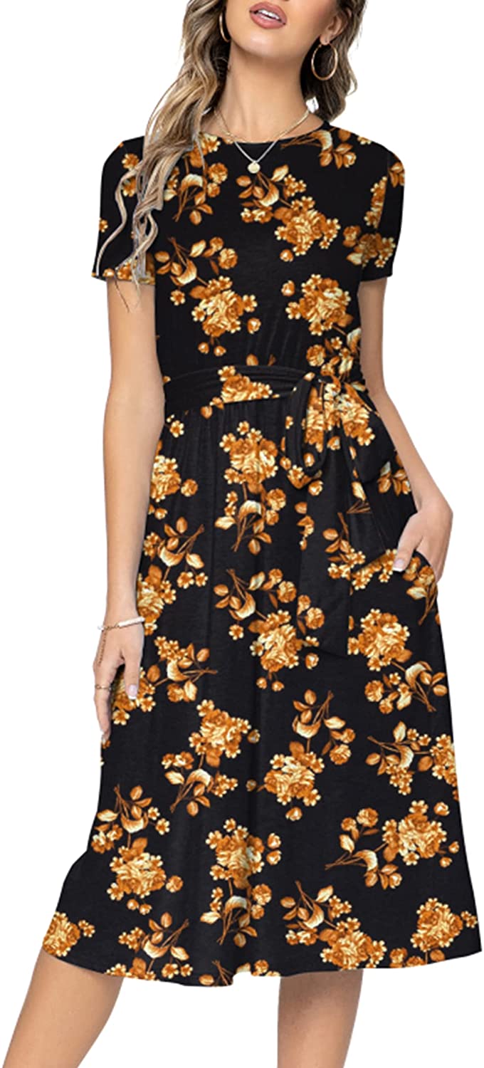 Women's Short Sleeve Striped Casual Flowy Midi Belt Dress with Pockets