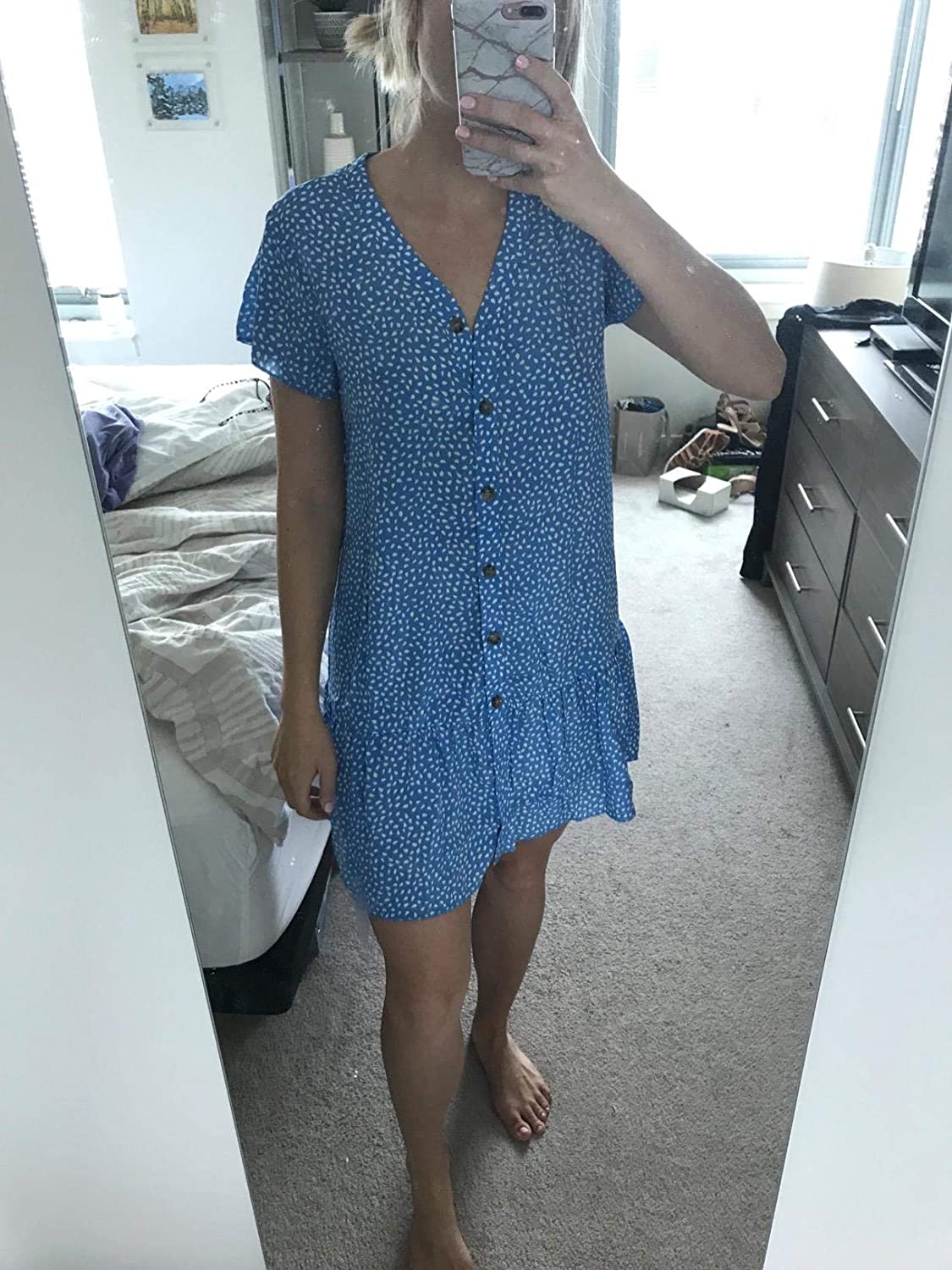 Womens Polka Dot V Neck Button Down Ruffles Loose Mini Short T-Shirt Dress