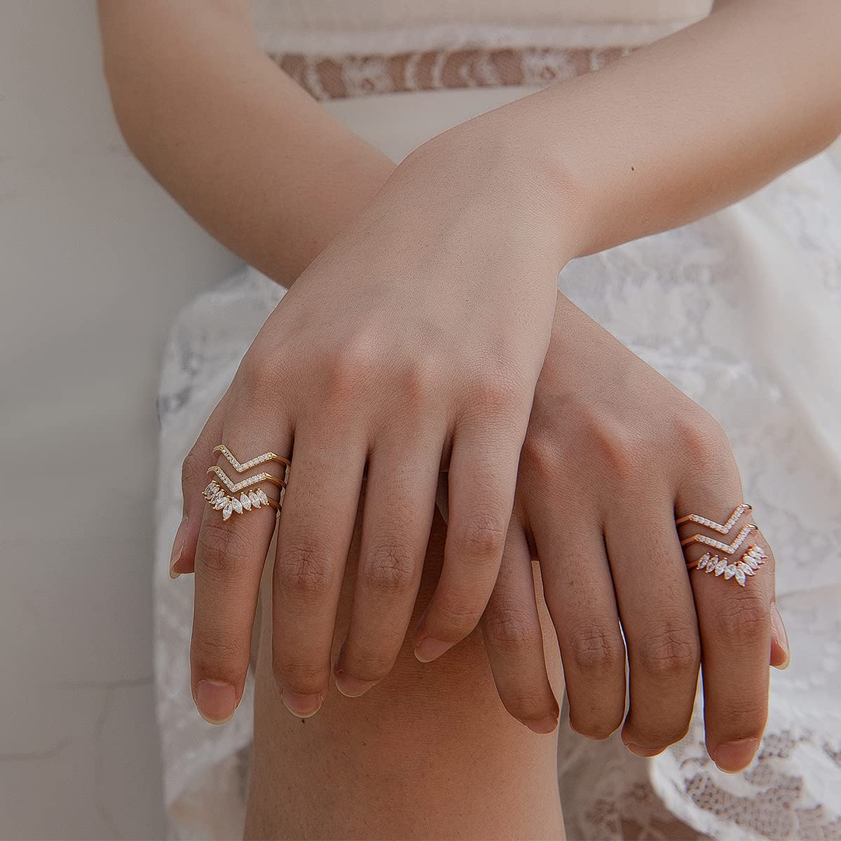 Gold Statement Rings for Women 14k Gold Plated Silver Rose Gold Evil Eye Chevron Pointed V Shaped Open Ring Marquise Cubic Zirconia Adjustable Rings for Teen Girls