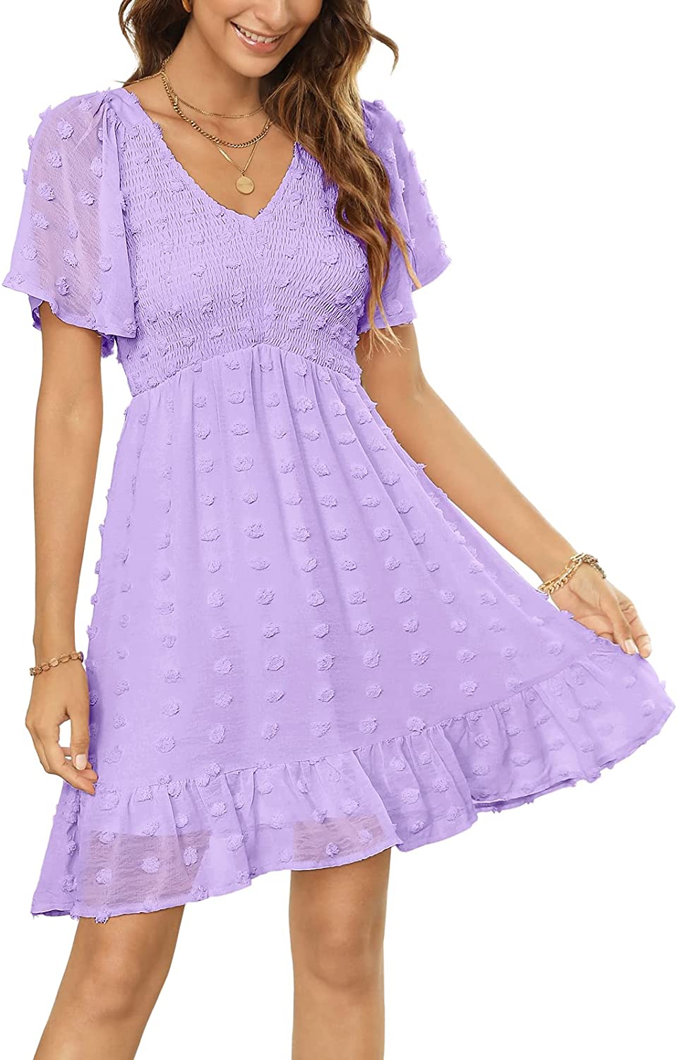 Womens Smocked Flutter Sleeve V Neck Ruffle Mini Swiss Dot Babydoll Dress
