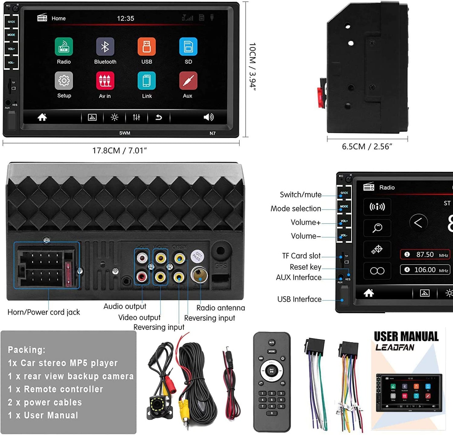 7" Car Stereo Double Din Touch Screen Car Radio Audio Receiver FM Radio Bluetooth Video Remote Control MP5/4/3 Player Android iPhone Mirror Link USB/SD/AUX Hands Free Calling with Camera