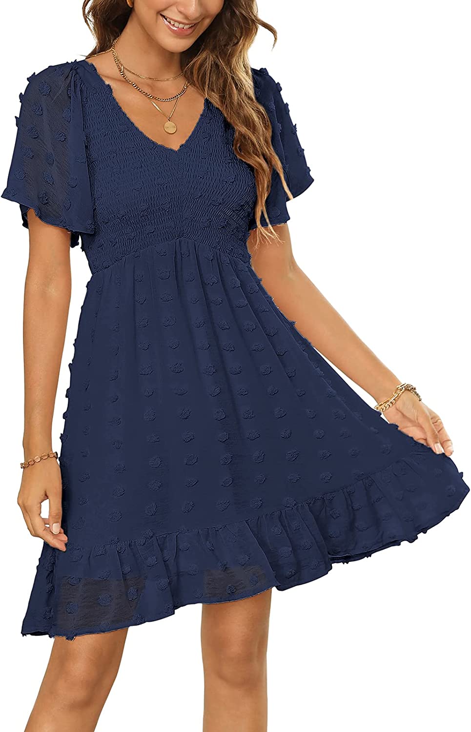 Womens Smocked Flutter Sleeve V Neck Ruffle Mini Swiss Dot Babydoll Dress