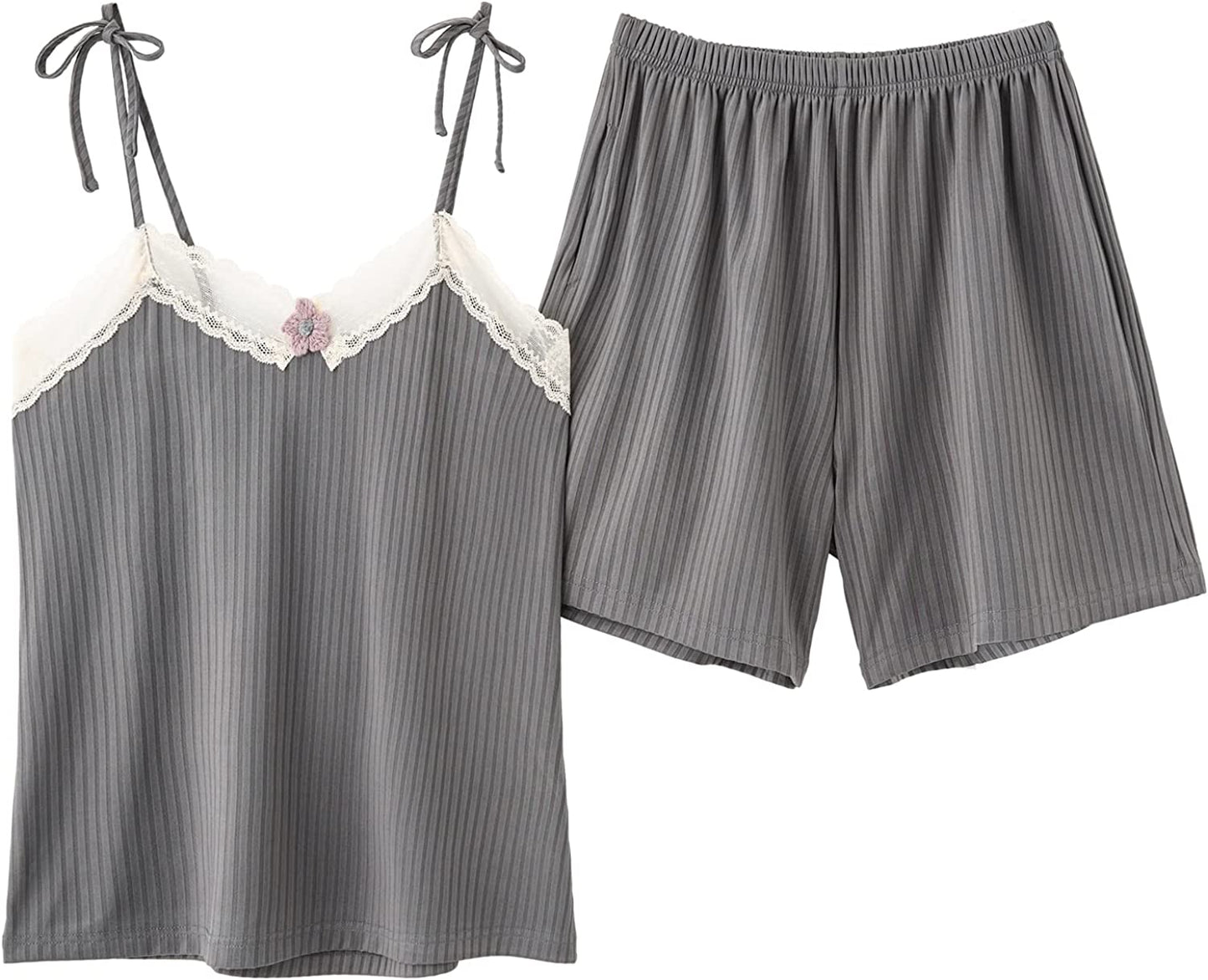 Women's Lace Pajamas Ribbed Knit Sexy Lingerie Sleepwear Camisole Shorts PJ Sets