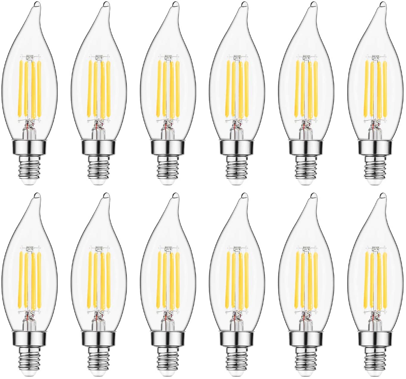 E12 LED Bulb Candelabra Base 60 watt LED Chandelier Light Bulbs Dimmable, Flame Tip Candelabra LED Bulbs, 4.5W, 500LM 2700K Warm White, CA10 Candle Light Bulbs, 12 Packs
