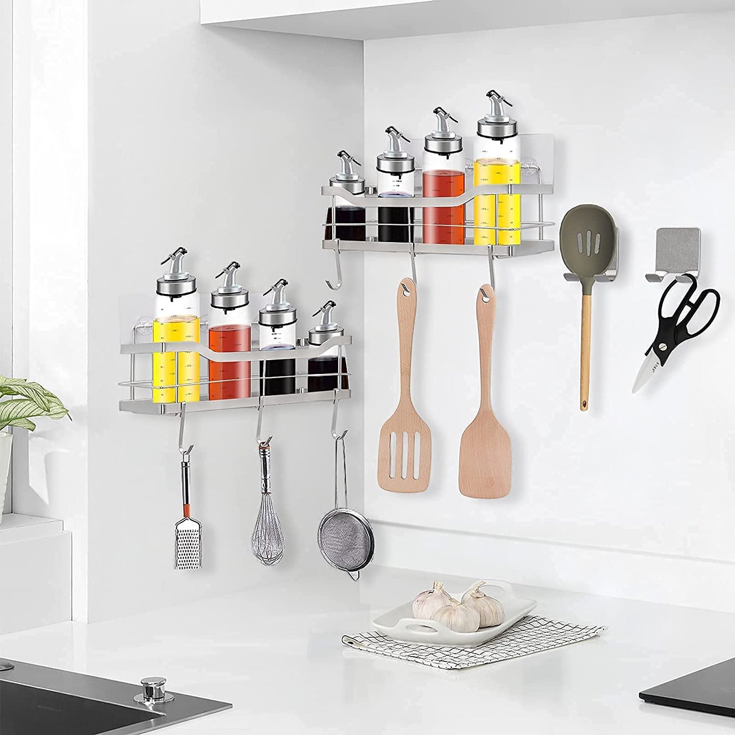 NearMoon Adhesive Shower Caddy Basket Shelf with Hooks, No Drilling Bathroom Organizer Shelf, SUS 304 Stainless Steel 2-in-1 Kitchen Spice Racks- Wall Mounted Storage Basket, 2 Pack (Brushed Nickel)