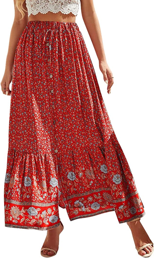 Women's Boho Maxi Skirts Elastic Waist A Line Flowy Tiered Button Split Floral Skirt
