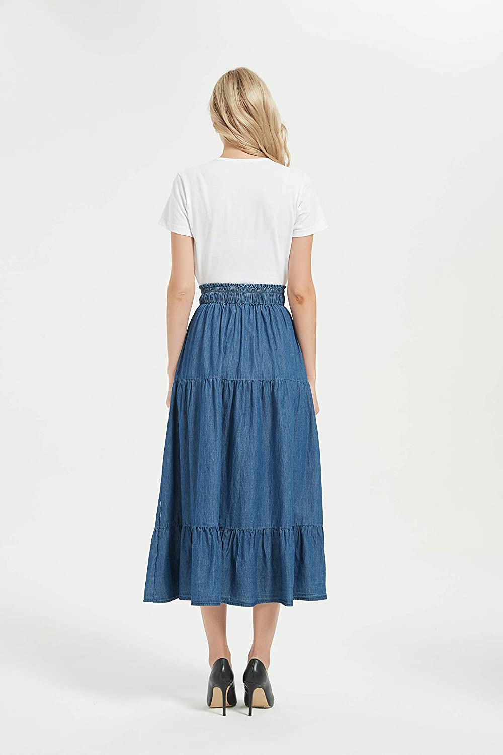 Womens A Line Long Midi Denim Skirt Tired Pleated Layers Elastic Waist Front Drawstring