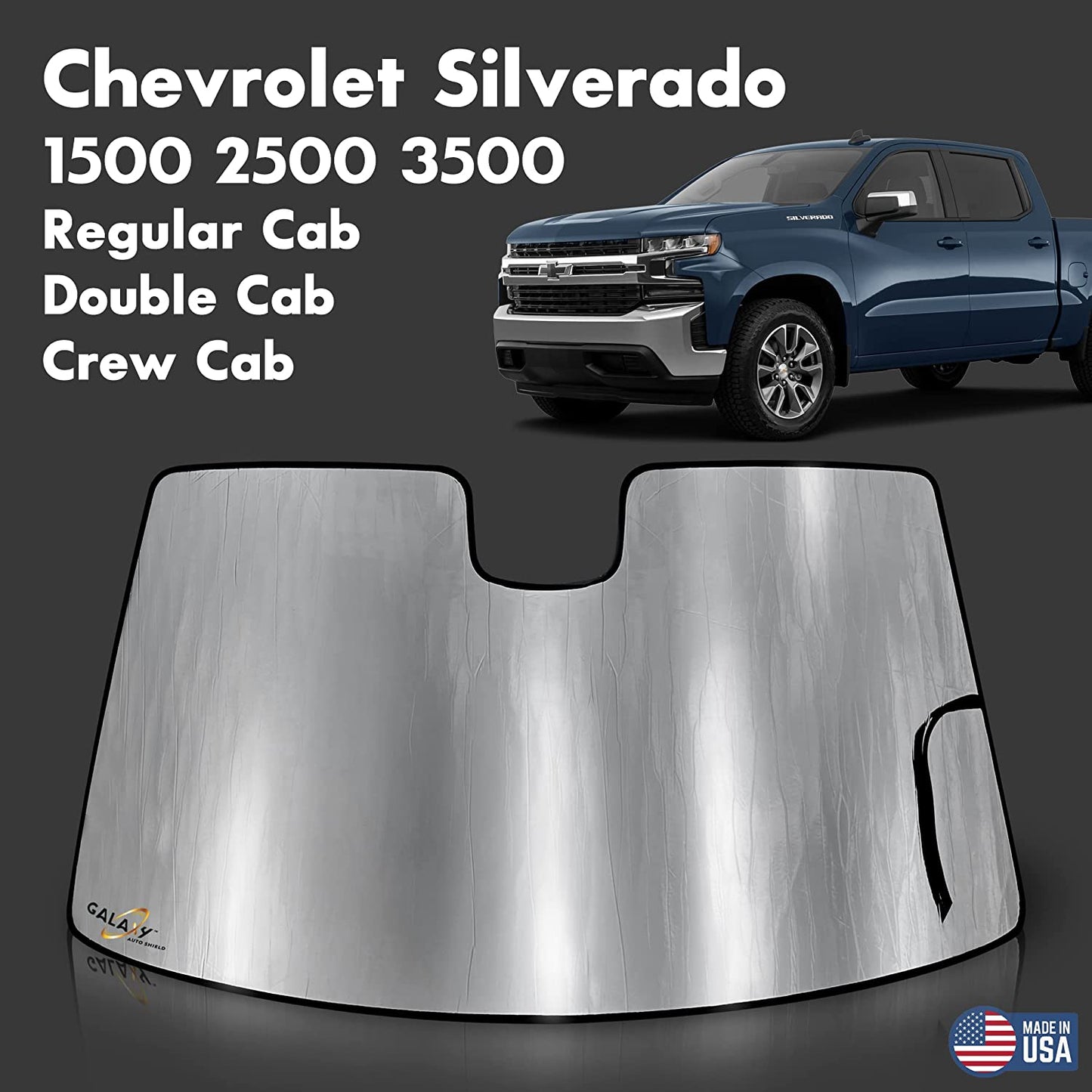 Custom Fit Windshield Sun Shade for 2019 2020 2021 2022 Chevrolet Silverado 1500 2500 3500, 2Dr 4Dr, Insulated Window Sunshade Privacy Accessories Blockout UV Reflector Protection - Made in USA